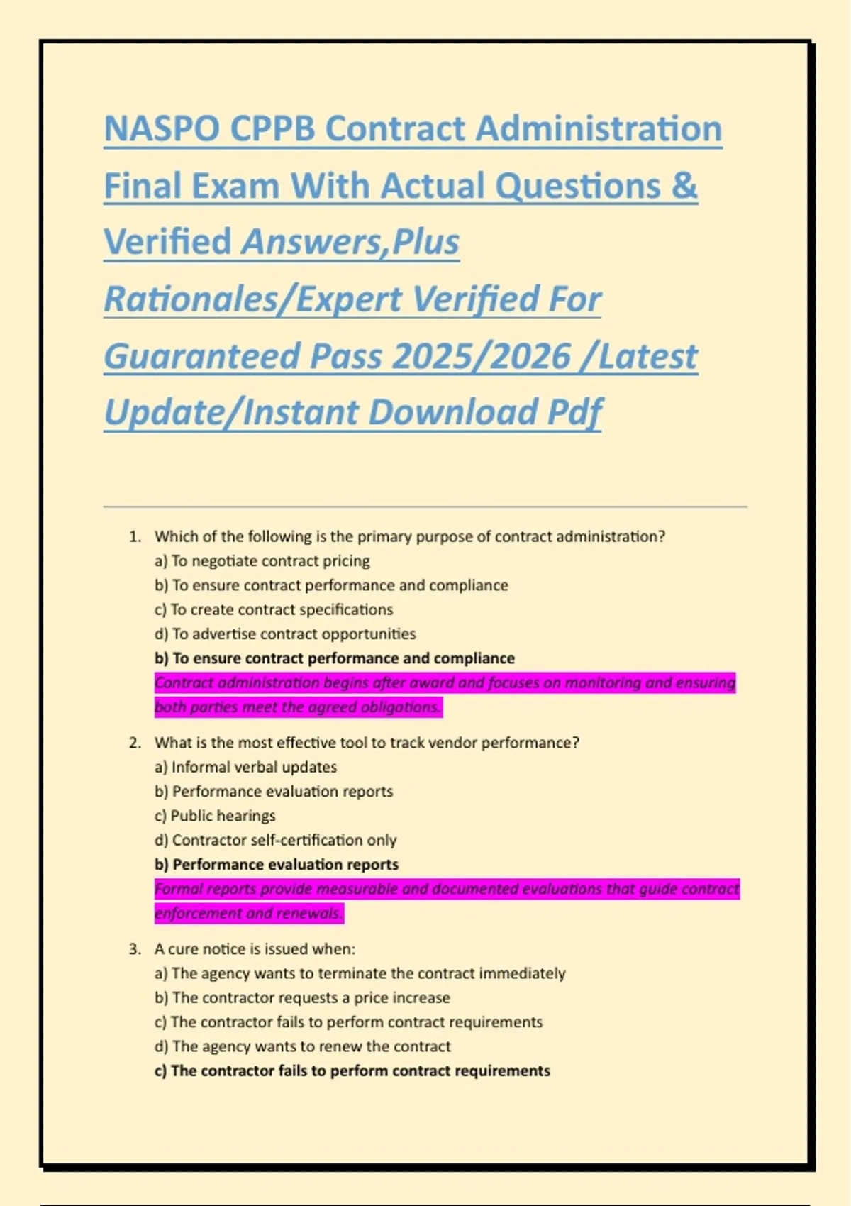 NASPO CPPB Contract Administration Final Exam With Actual Questions ...