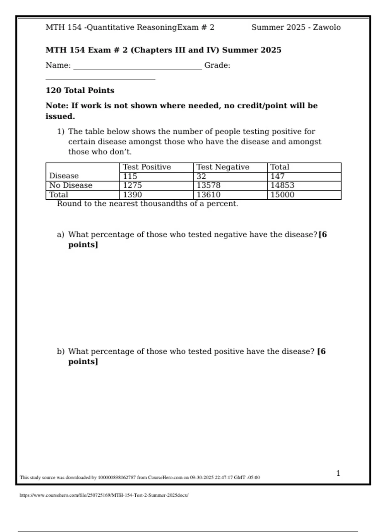 What Class Is Math 154 MTH 154 Test 2 Summer 2025|MTH 154 Exam # 2 (Chapters III and IV ...