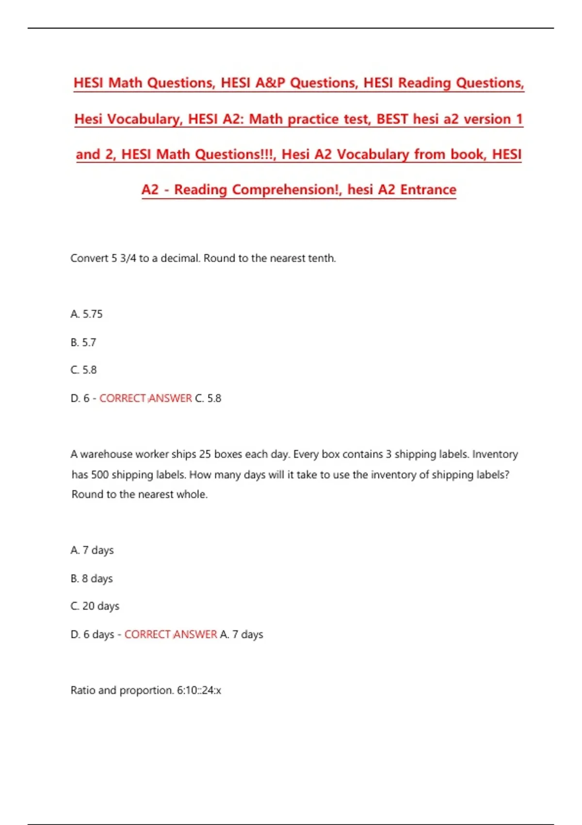 HESI A2 – Math Practice Test V1 & V2 – Real Exam Questions with 100% ...