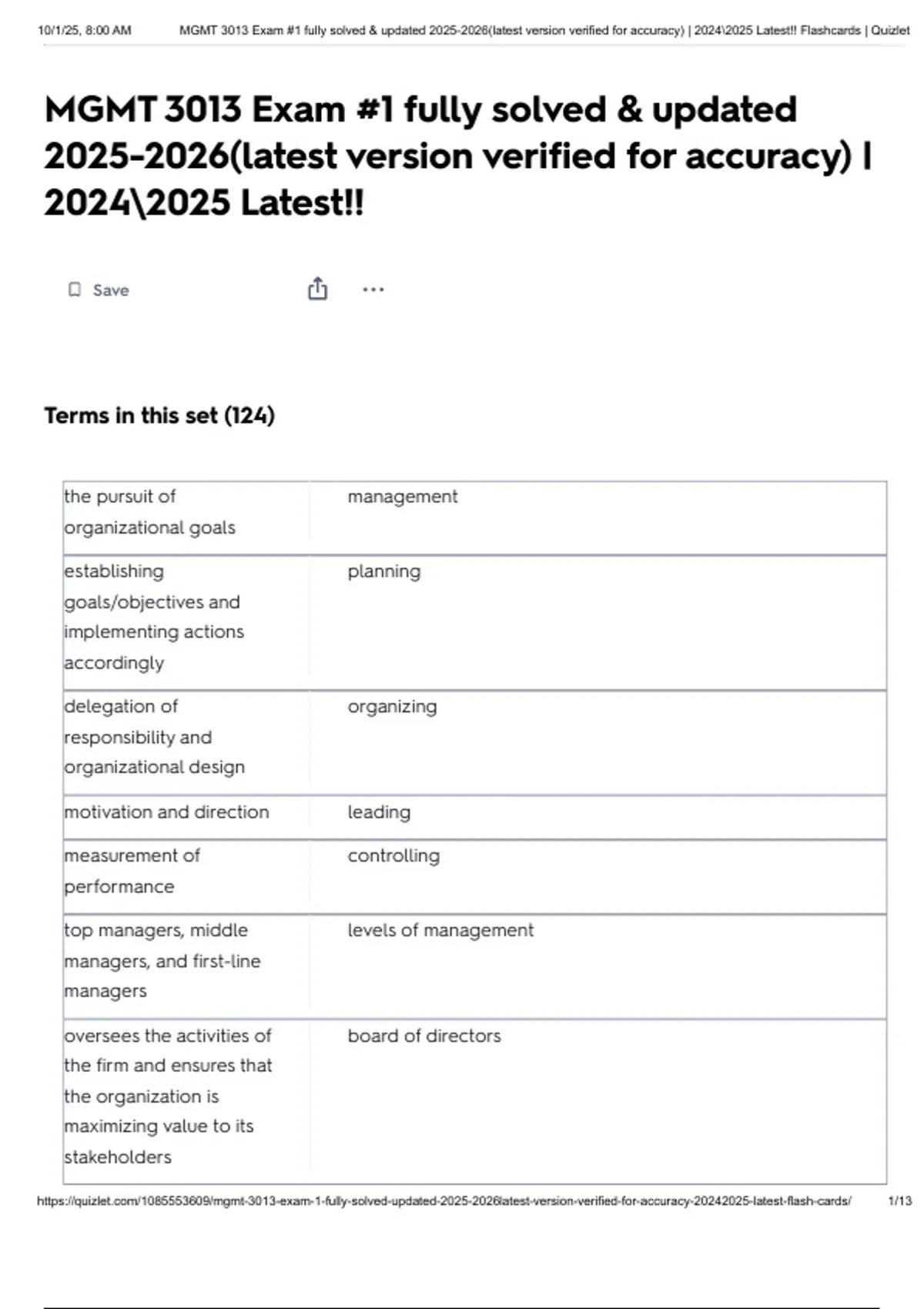 MGMT 3013 Exam #1 fully solved & updated (latest version verified for ...