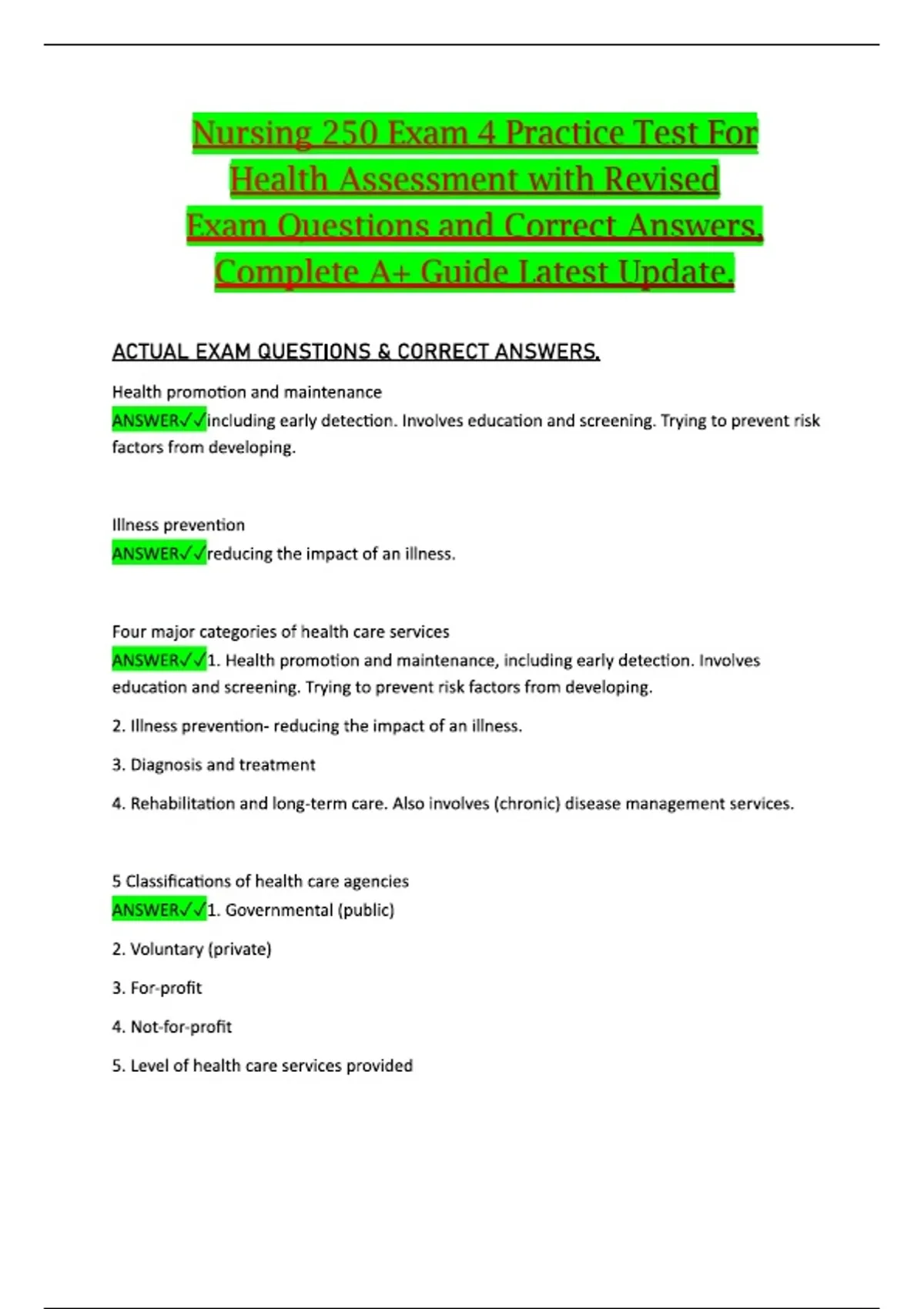 Nursing 250 Exam 4 Practice Test For Health Assessment with Revised ...