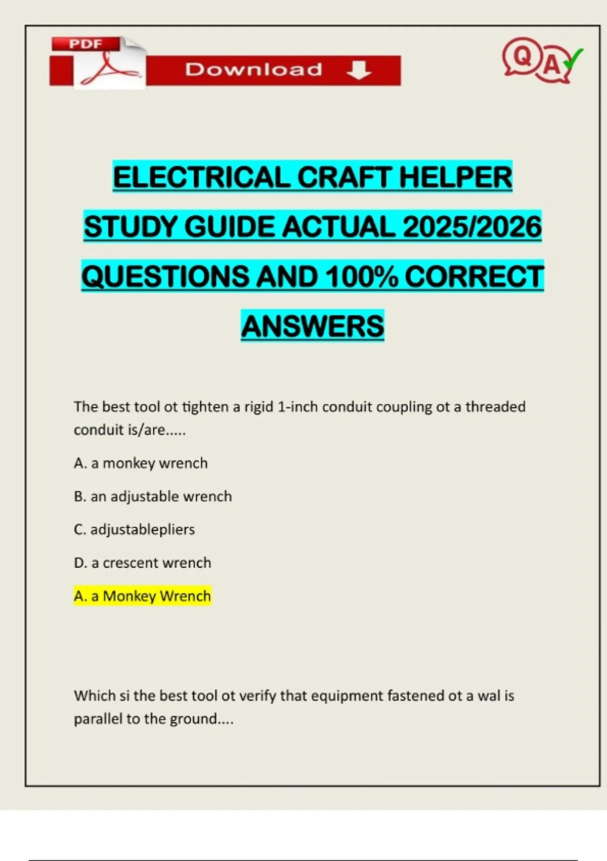 ELECTRICAL CRAFT HELPER STUDY GUIDE ACTUAL 2025/2026 QUESTIONS AND 100% ...