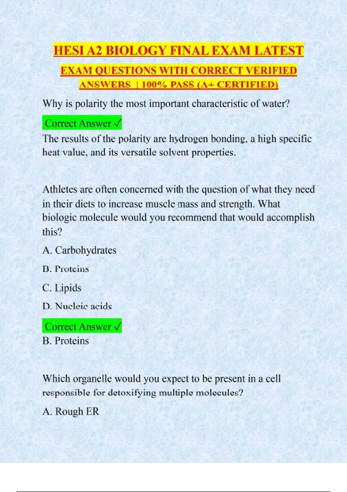 HESI A2 BIOLOGY FINAL EXAM LATEST EXAM QUESTIONS WITH CORRECT VERIFIED ...