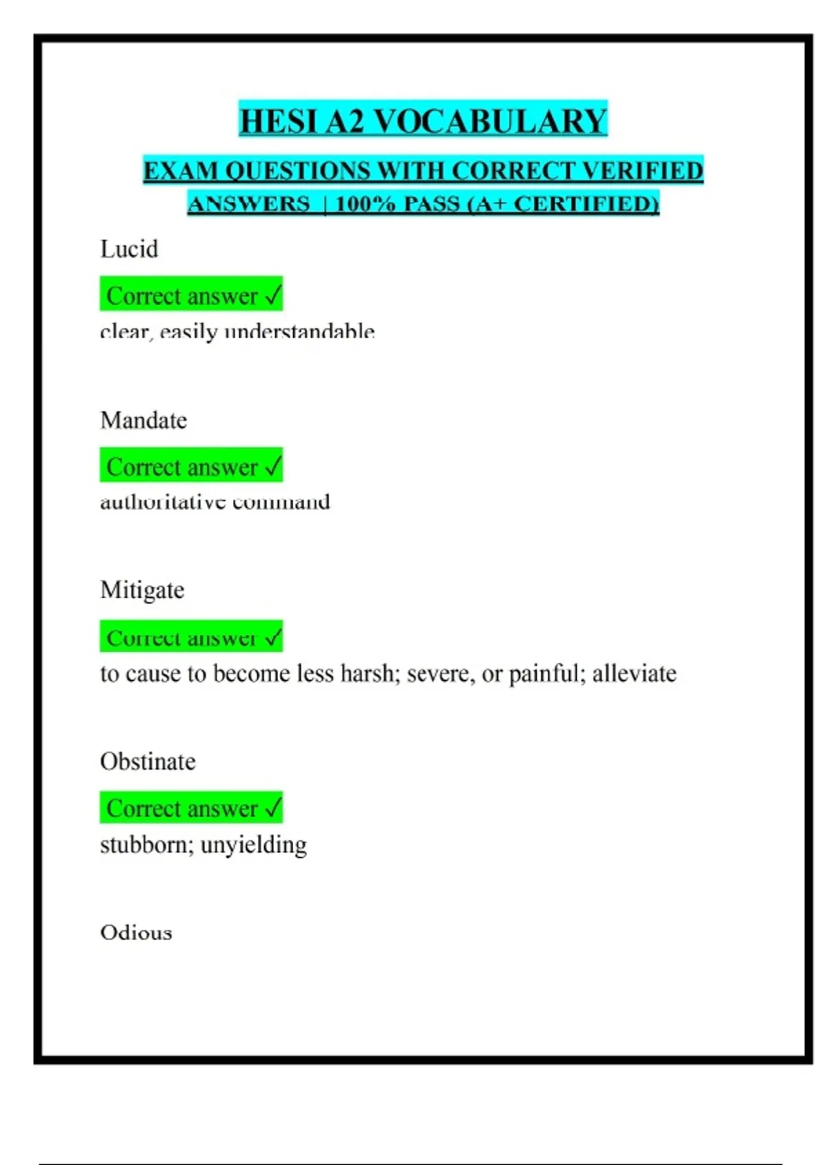 HESI A2 VOCABULARY EXAM QUESTIONS WITH CORRECT VERIFIED ANSWERS | 100% ...