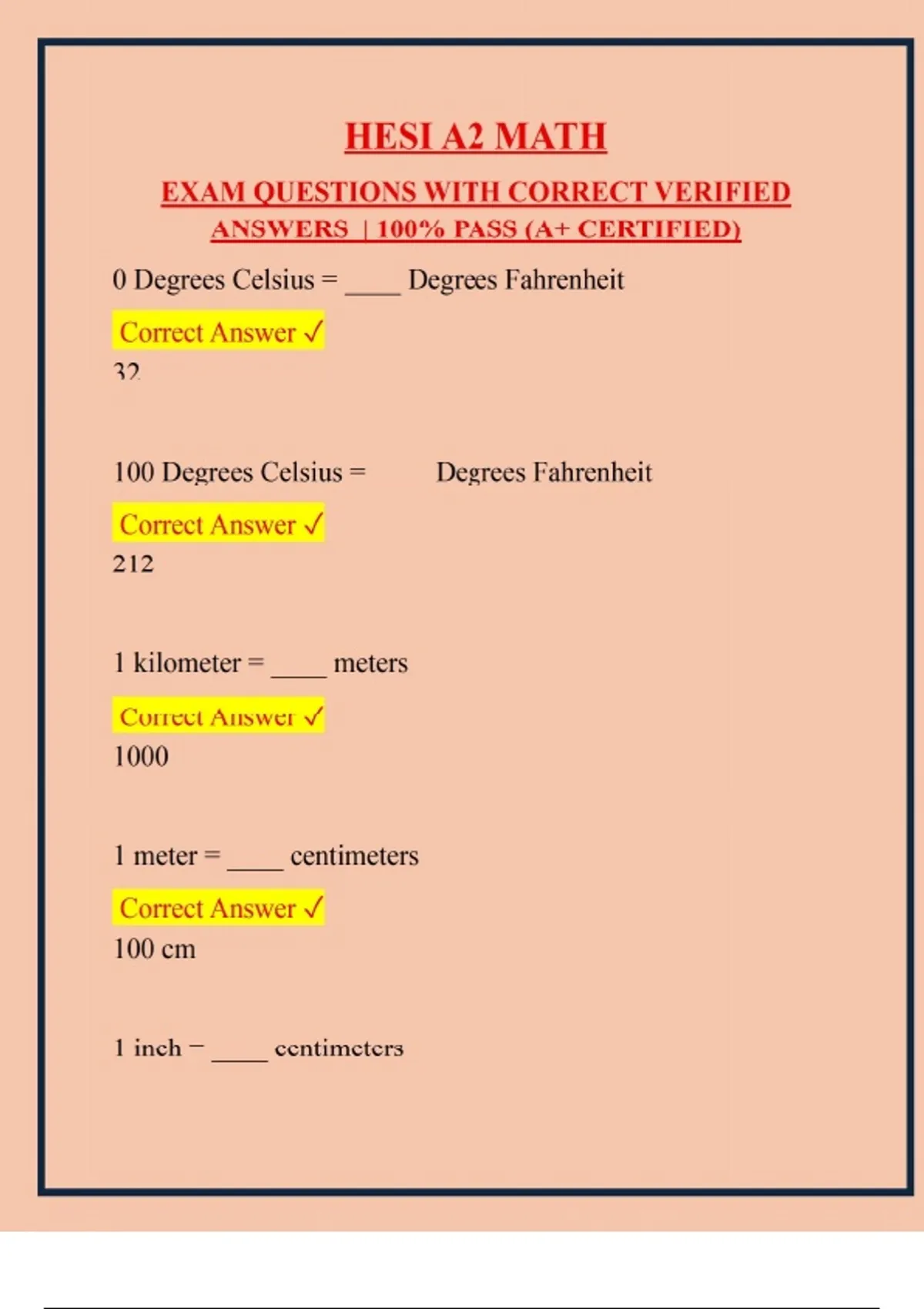 HESI A2 MATH EXAM QUESTIONS WITH CORRECT VERIFIED ANSWERS | 100% PASS ...