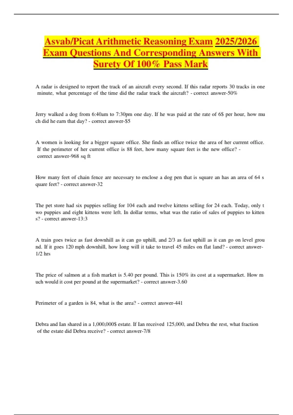 Asvab/Picat Arithmetic Reasoning Exam 2025/2026 Exam Questions And ...