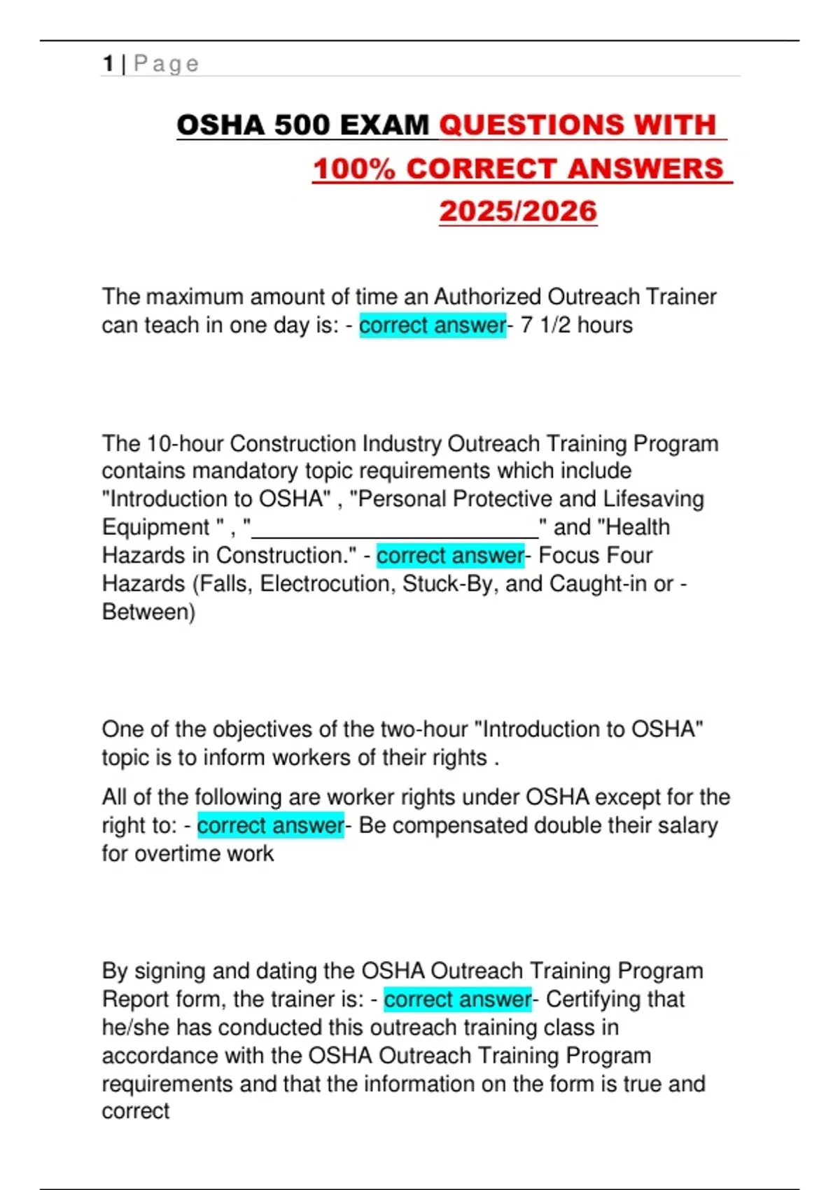 OSHA 500 EXAM QUESTIONS WITH 100% CORRECT ANSWERS 2025/2026 - OSHA 500 ...