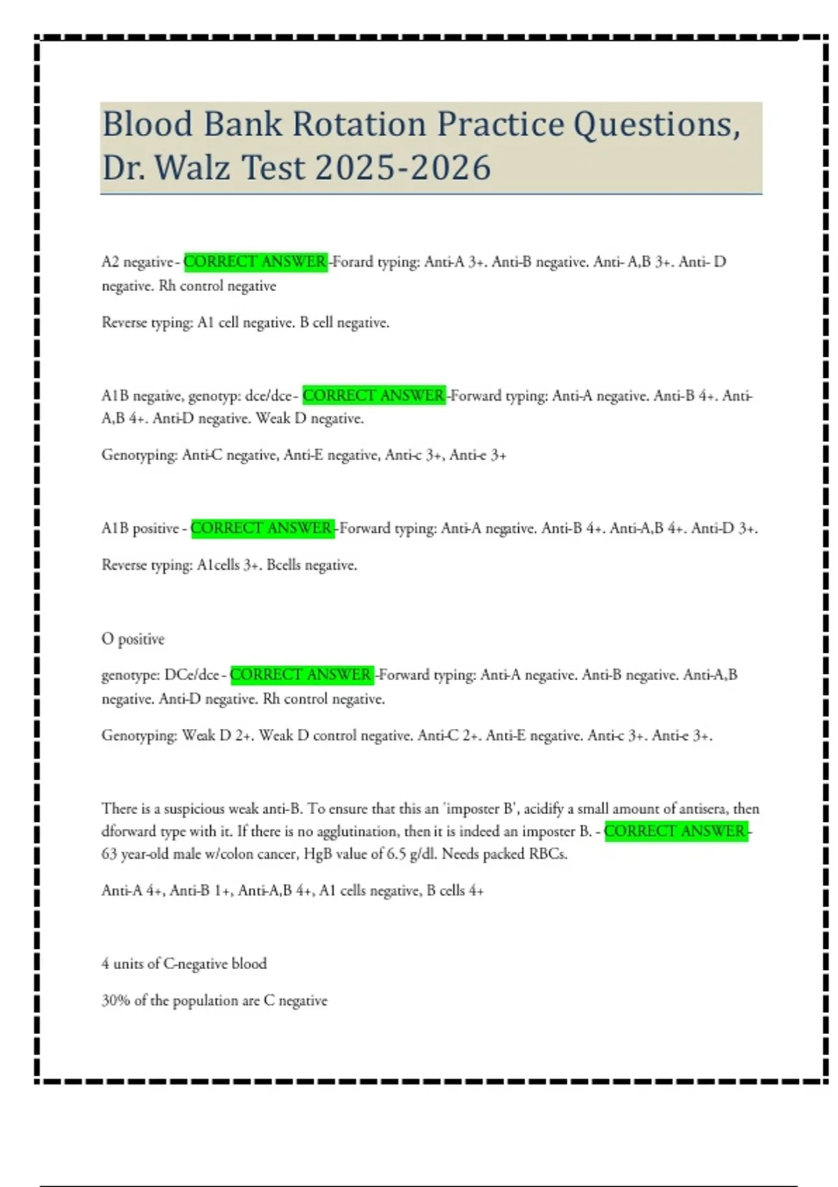 Blood Bank Rotation Practice Questions, Dr. Walz Test - Transfusion ...