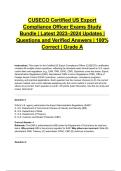 CUSECO Certified US Export Compliance Officer Exams Study Bundle &vert; Latest 2023&ndash;2024 Updates &vert; Questions and Verified Answers &vert; 100&percnt; Correct &vert; Grade A