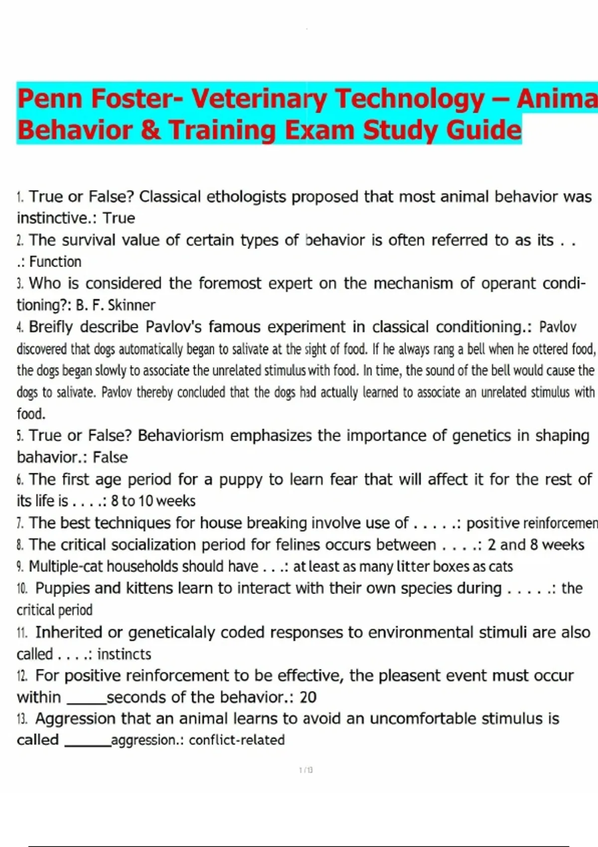 Penn Foster- Veterinary Technology – Animal Behavior & Training Exam ...