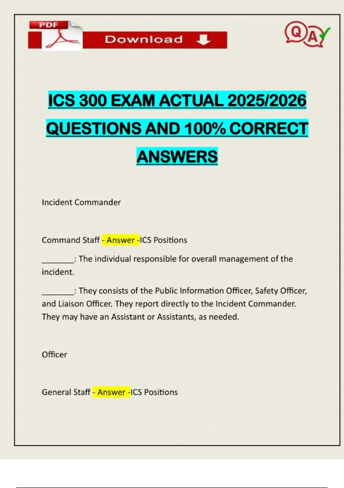ICS 300 EXAM ACTUAL 2025/2026 QUESTIONS AND 100% CORRECT ANSWERS - ICS ...