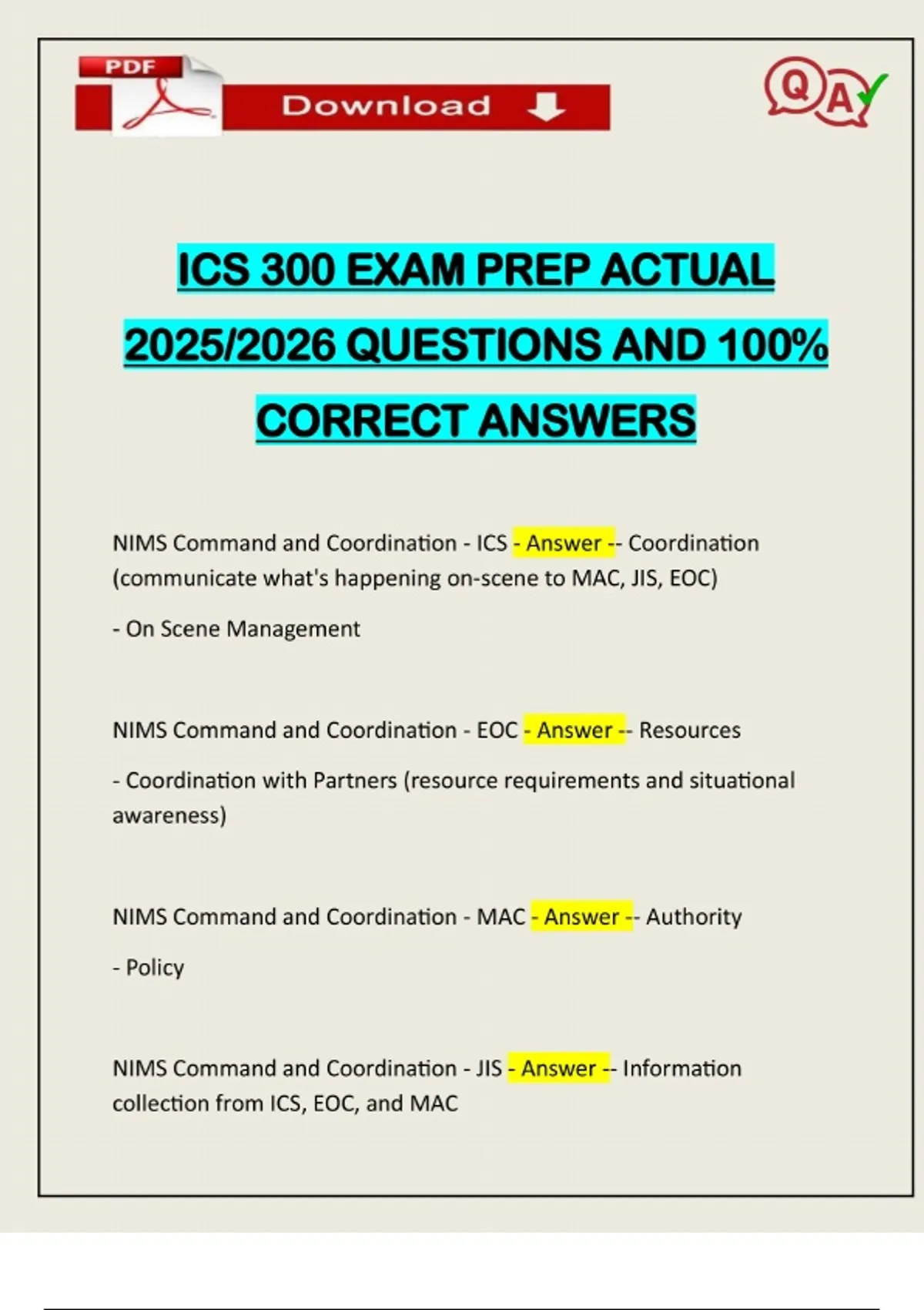 ICS 300 EXAM PREP ACTUAL 2025/2026 QUESTIONS AND 100% CORRECT ANSWERS ...