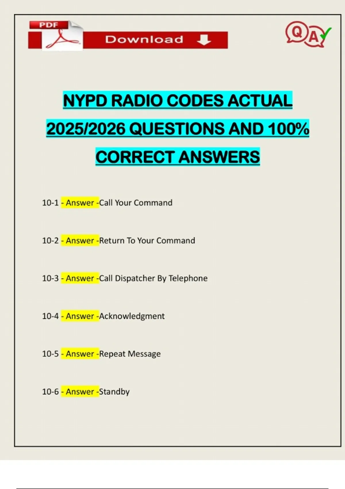 NYPD RADIO CODES ACTUAL 2025/2026 QUESTIONS AND 100% CORRECT ANSWERS ...
