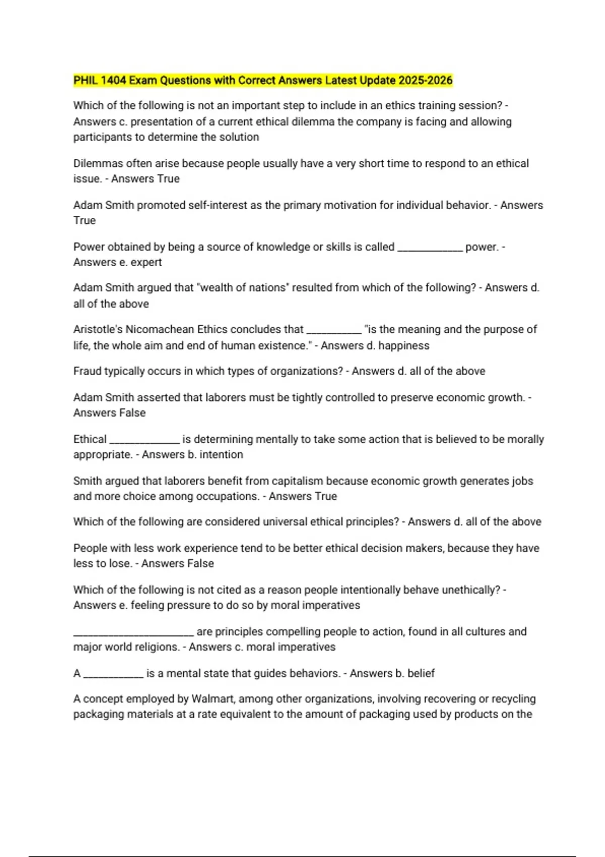 PHIL 1404 Exam Questions with Correct Answers Latest Update - PHIL 1404 ...