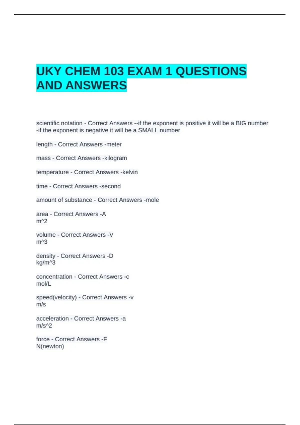 UKY CHEM 103 EXAM 1 QUESTIONS AND ANSWERS | VERIFIED ANSWERS - CHEM 103 ...