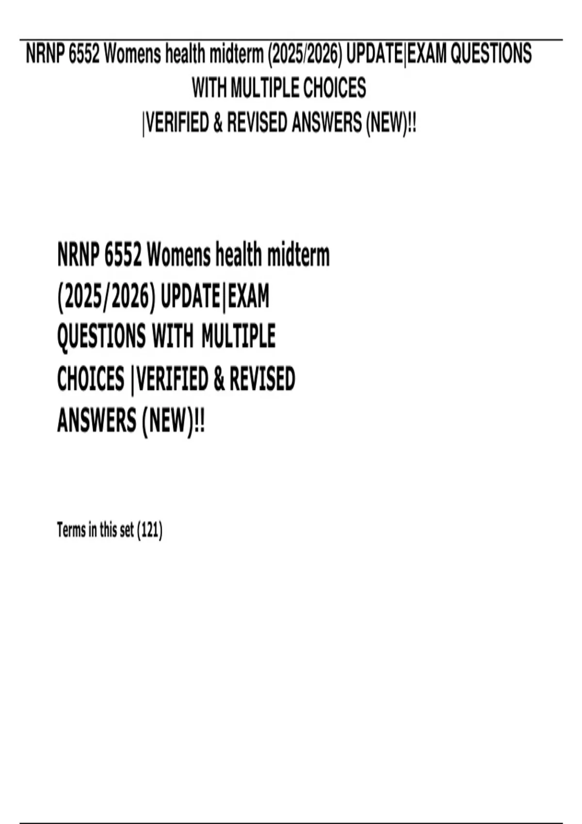 NRNP 6552 Women’s Health Midterm – Updated Exam Questions with Multiple ...