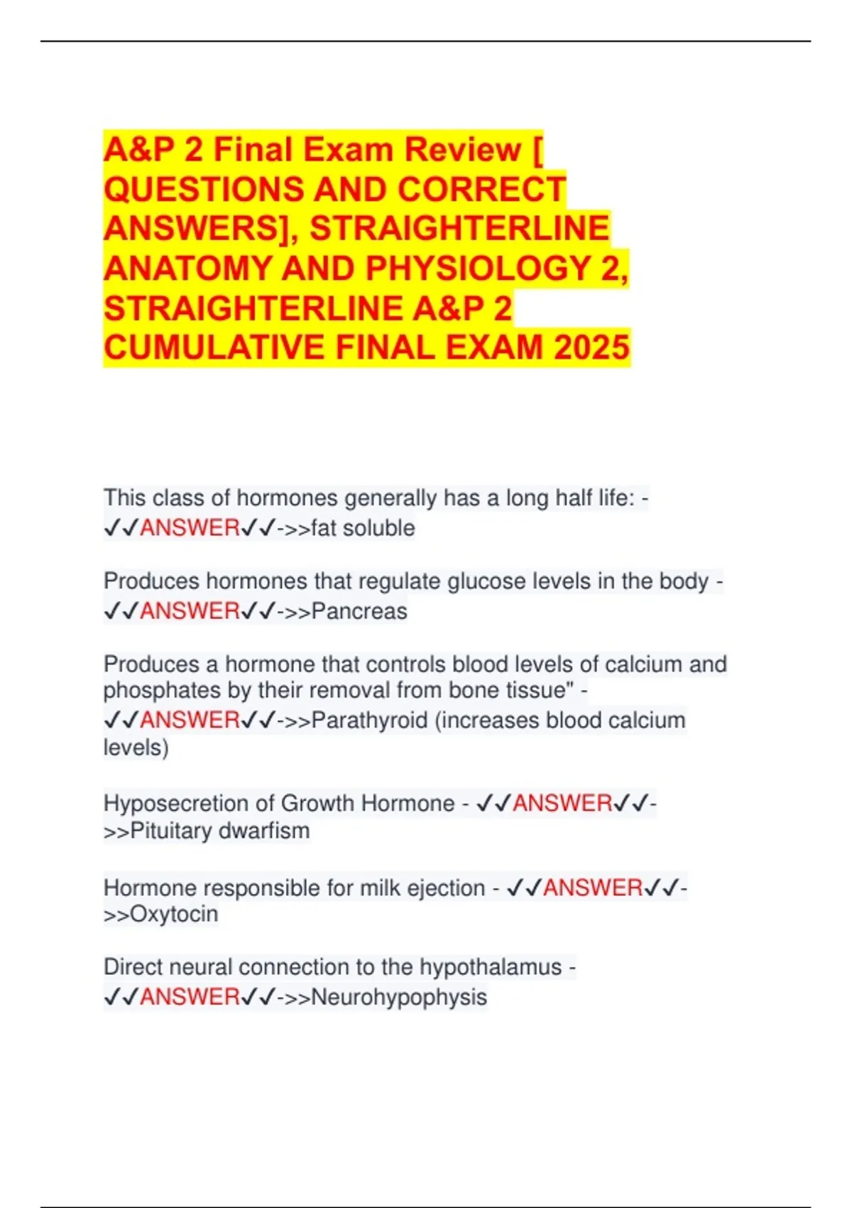 A&P 2 Final Exam Review [ QUESTIONS AND CORRECT ANSWERS ...