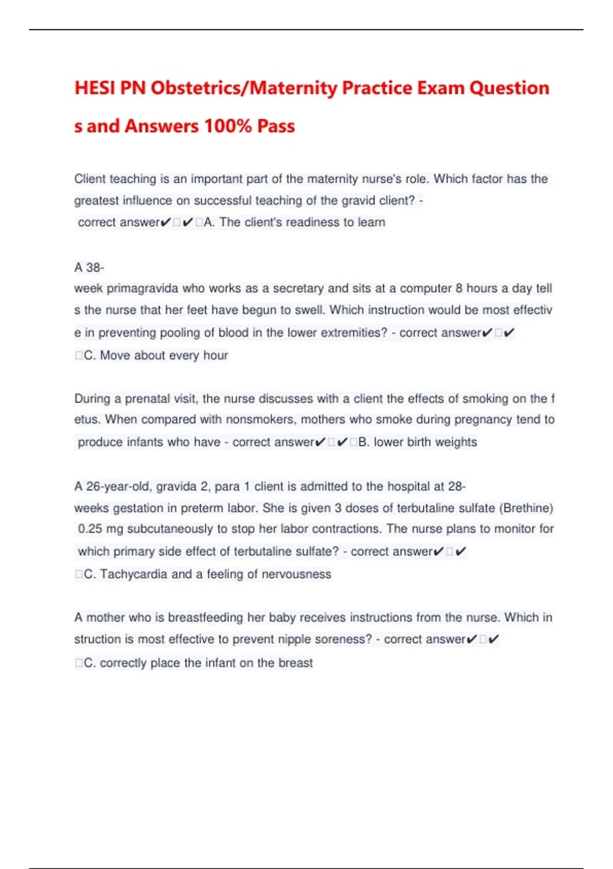 HESI PN Obstetrics Maternity Practice Exam Questions and Answers 100 ...
