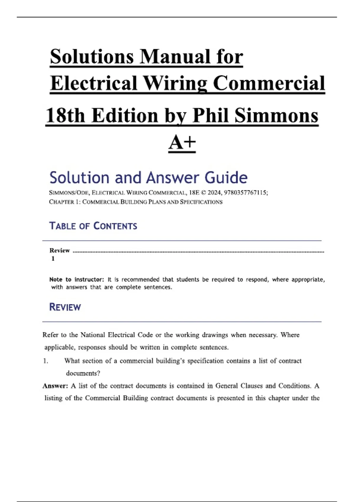 SOLUTIONS MANUAL: Electrical Wiring Commercial 18th Edition - Phil