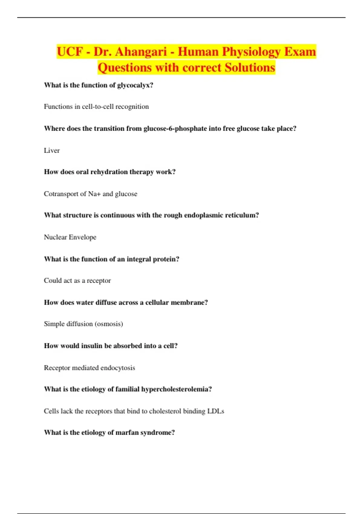 UCF - Dr. Ahangari - Human Physiology Exam Questions with correct