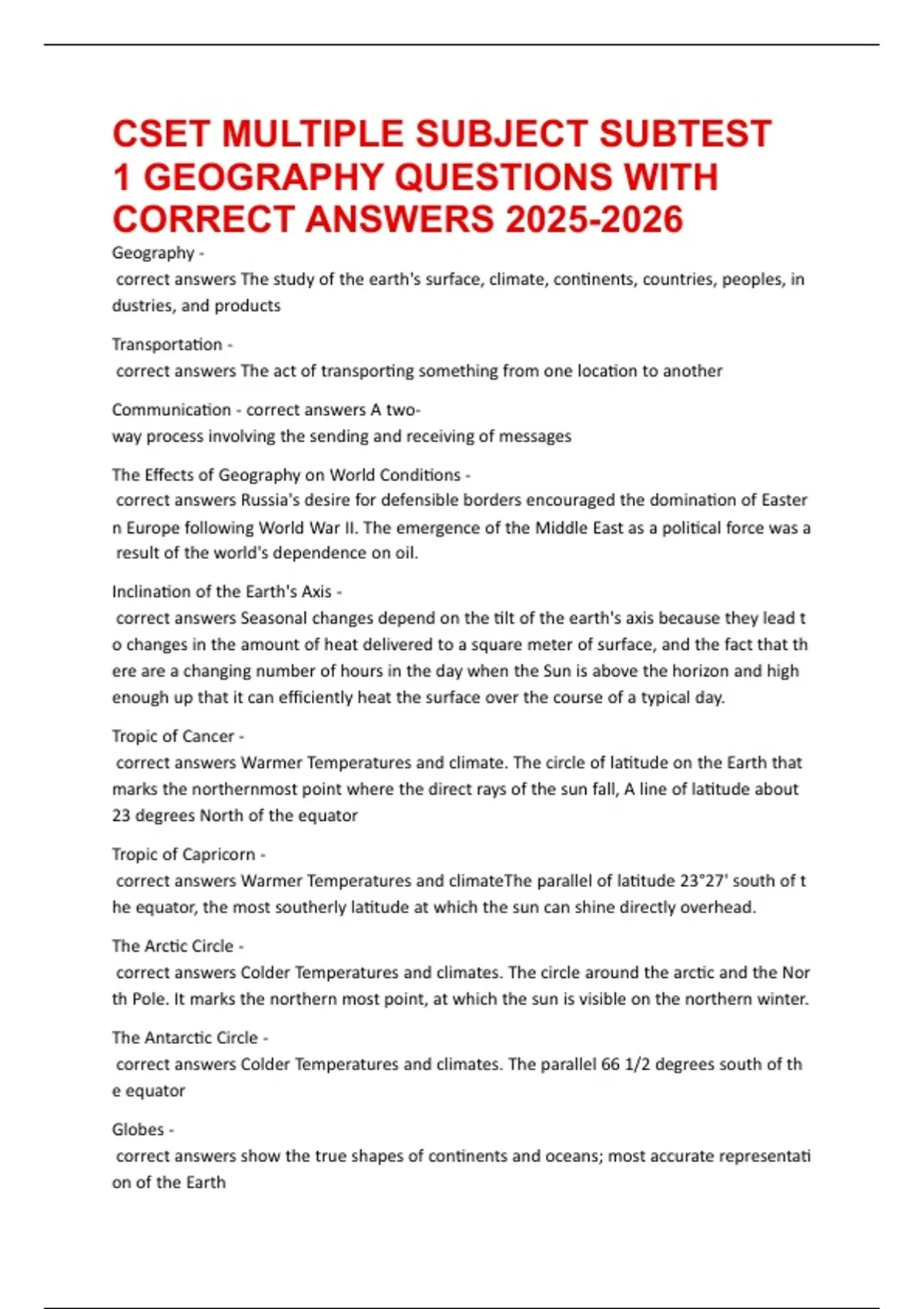 CSET MULTIPLE SUBJECT SUBTEST 1 GEOGRAPHY QUESTIONS WITH CORRECT ...