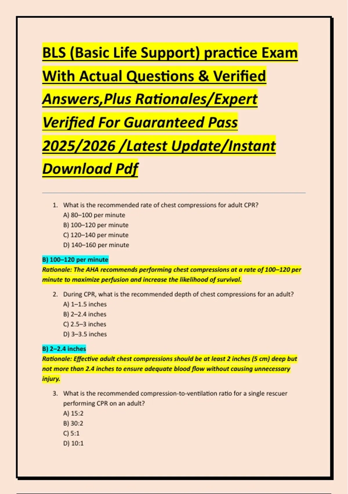 BLS (Basic Life Support) practice Exam With Actual Questions & Verified ...