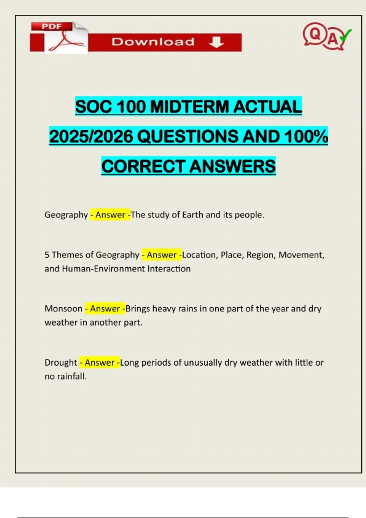SOC 100 MIDTERM ACTUAL 2025/2026 QUESTIONS AND 100% CORRECT ANSWERS ...