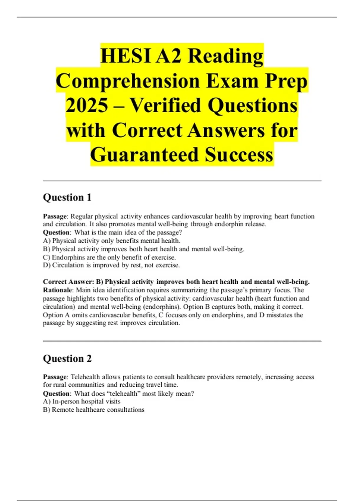 HESI A2 Reading Comprehension Exam Prep 2025 – Verified Questions with ...