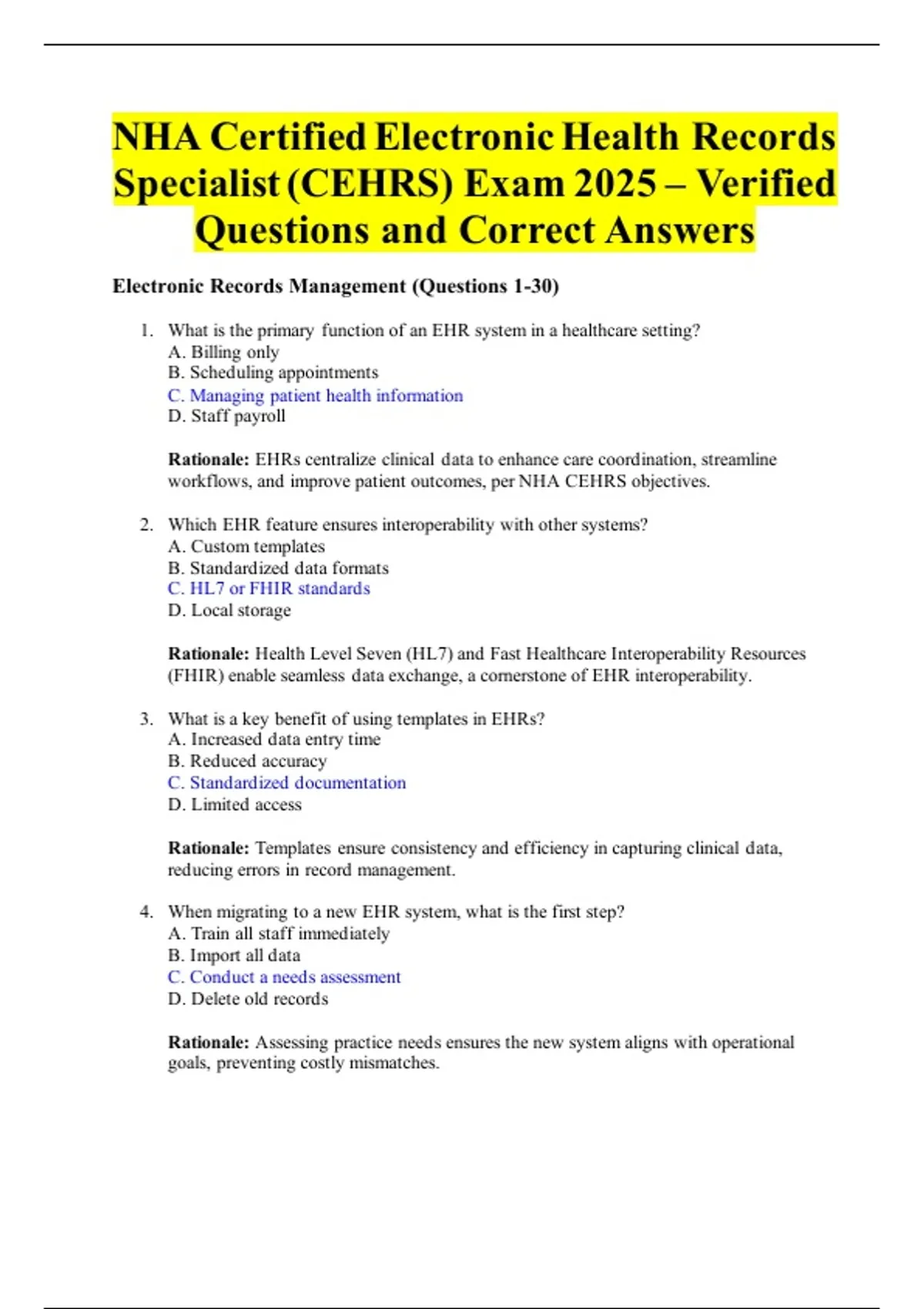 NHA Certified Electronic Health Records Specialist (CEHRS) Exam 2025 – Verified Questions and ...