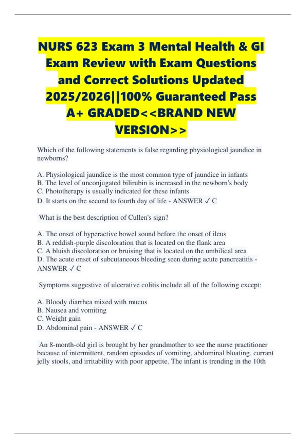 NURS 623 Exam 3 Mental Health & GI Exam Review with Exam Questions and ...