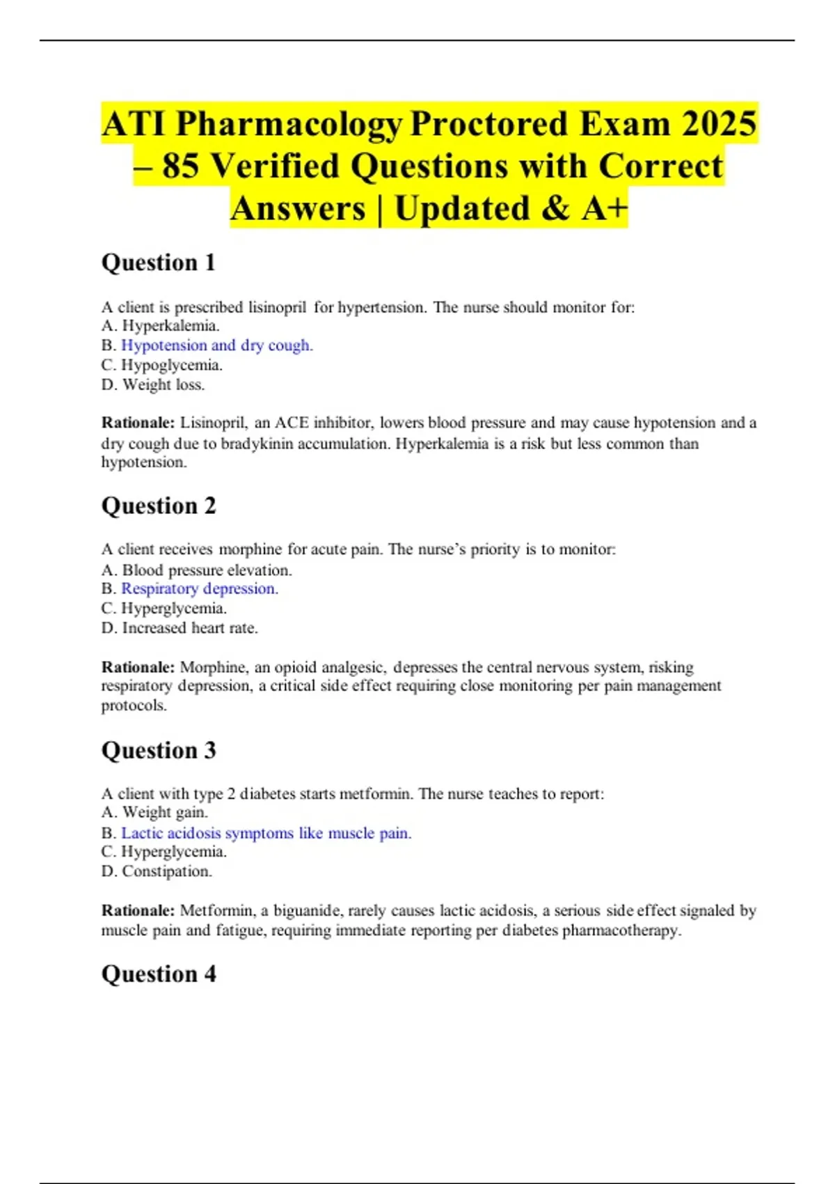 ATI Pharmacology Proctored Exam 2025 – 85 Verified Questions with ...