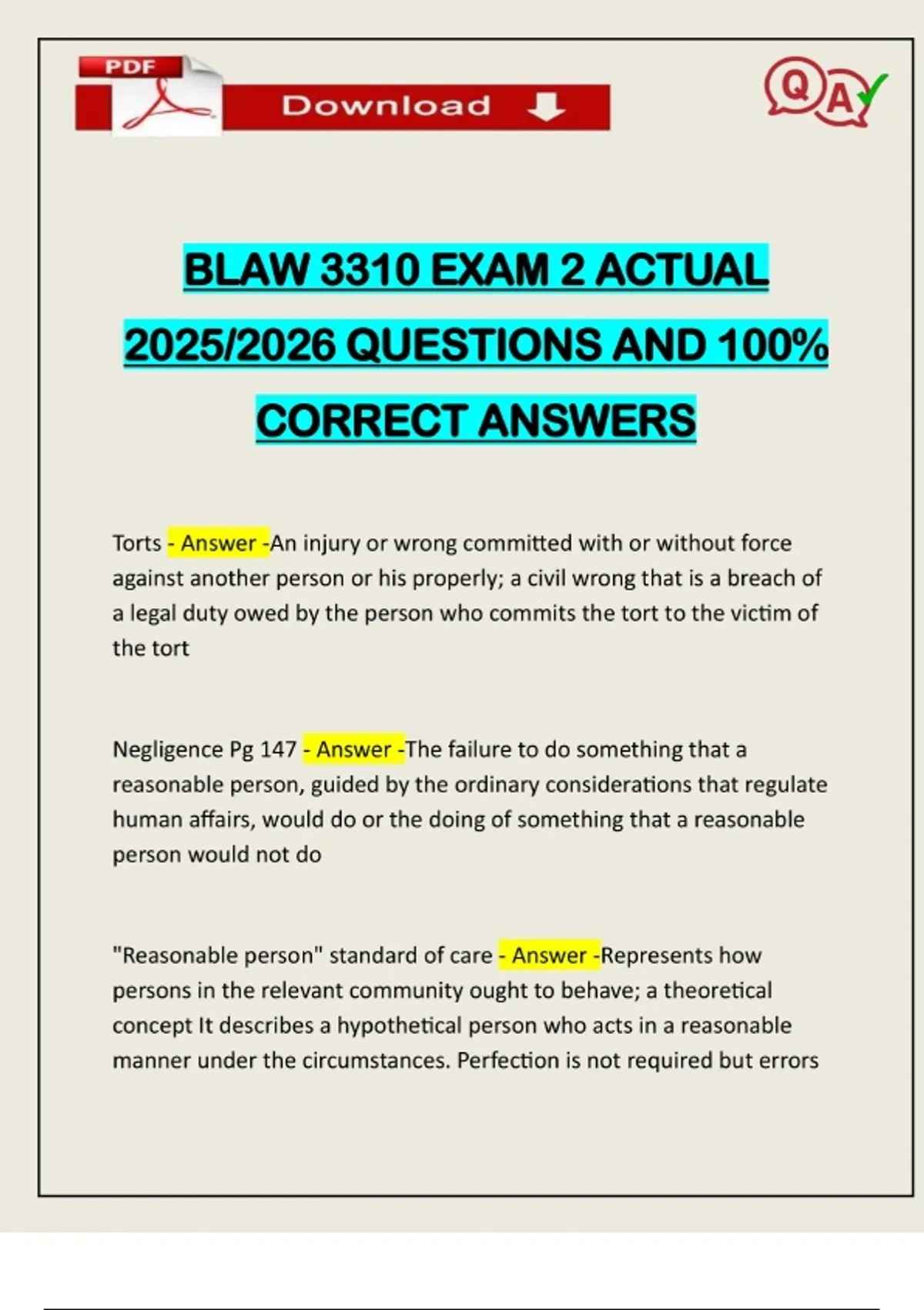 BLAW 3310 EXAM 2 ACTUAL 2025/2026 QUESTIONS AND 100% CORRECT ANSWERS ...