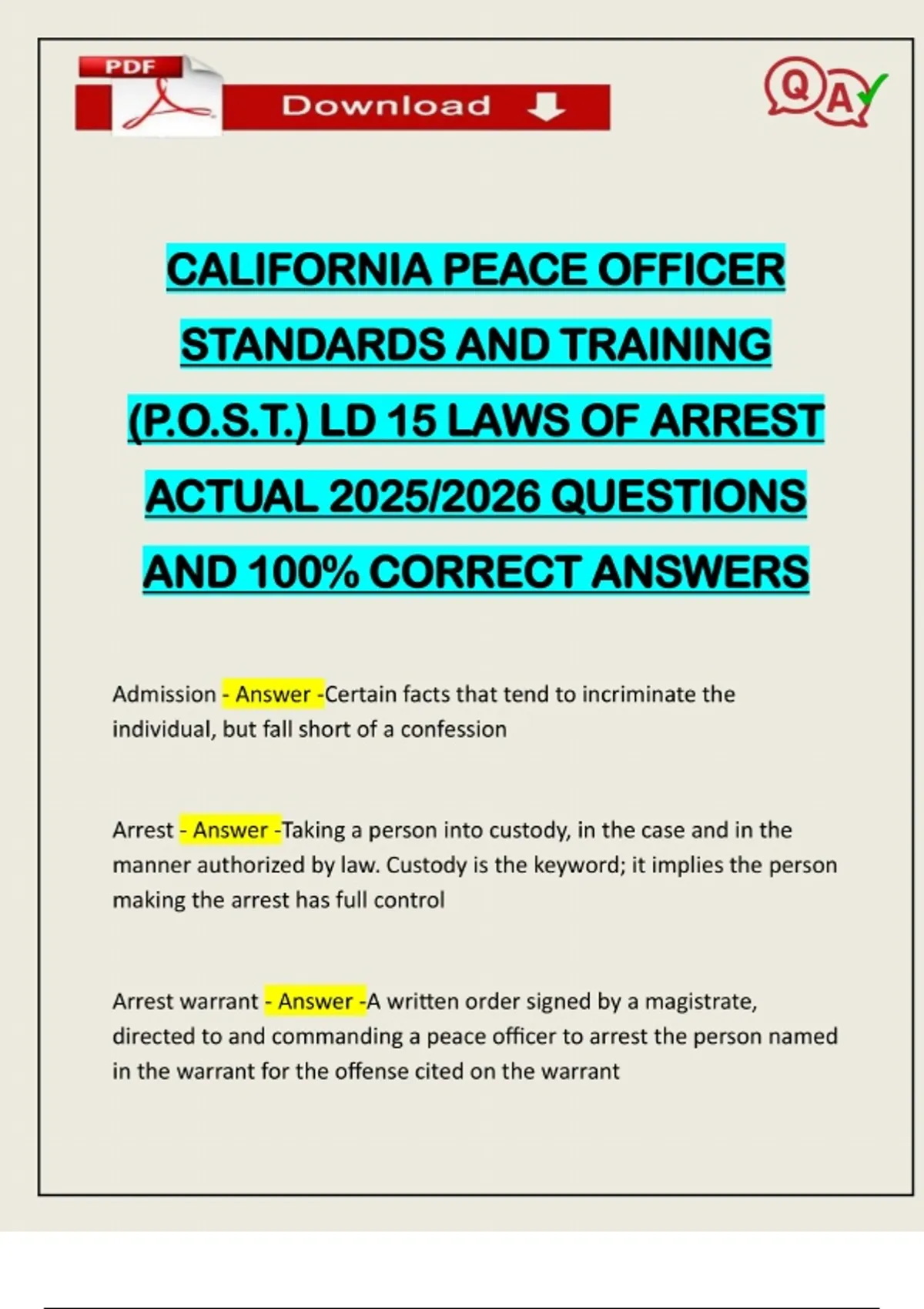 CALIFORNIA PEACE OFFICER STANDARDS AND TRAINING (P.O.S.T.) LD 15 LAWS OF ARREST ACTUAL 2025/2026 ...