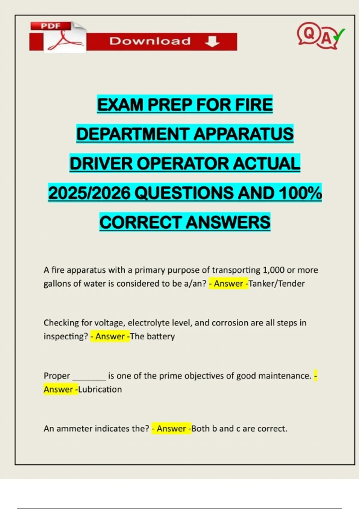 EXAM PREP FOR FIRE DEPARTMENT APPARATUS DRIVER OPERATOR ACTUAL 2025/ ...