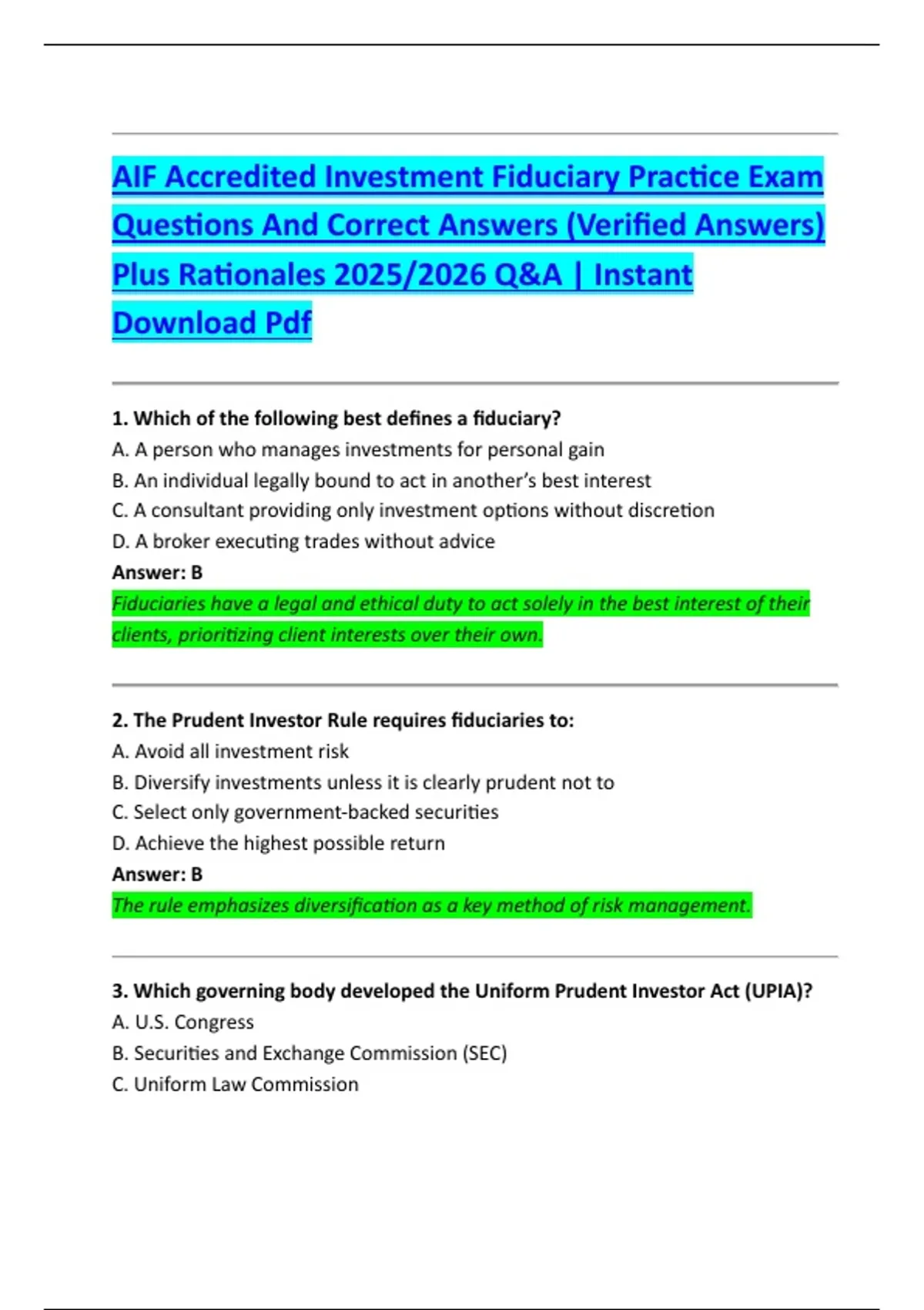 AIF Accredited Investment Fiduciary Practice Exam Questions And Correct ...