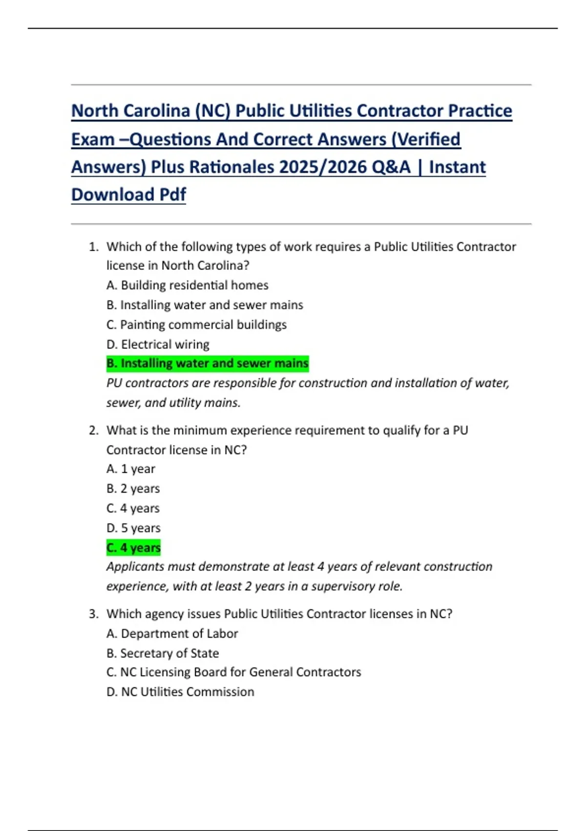 North Carolina (NC) Public Utilities Contractor Practice Exam ...