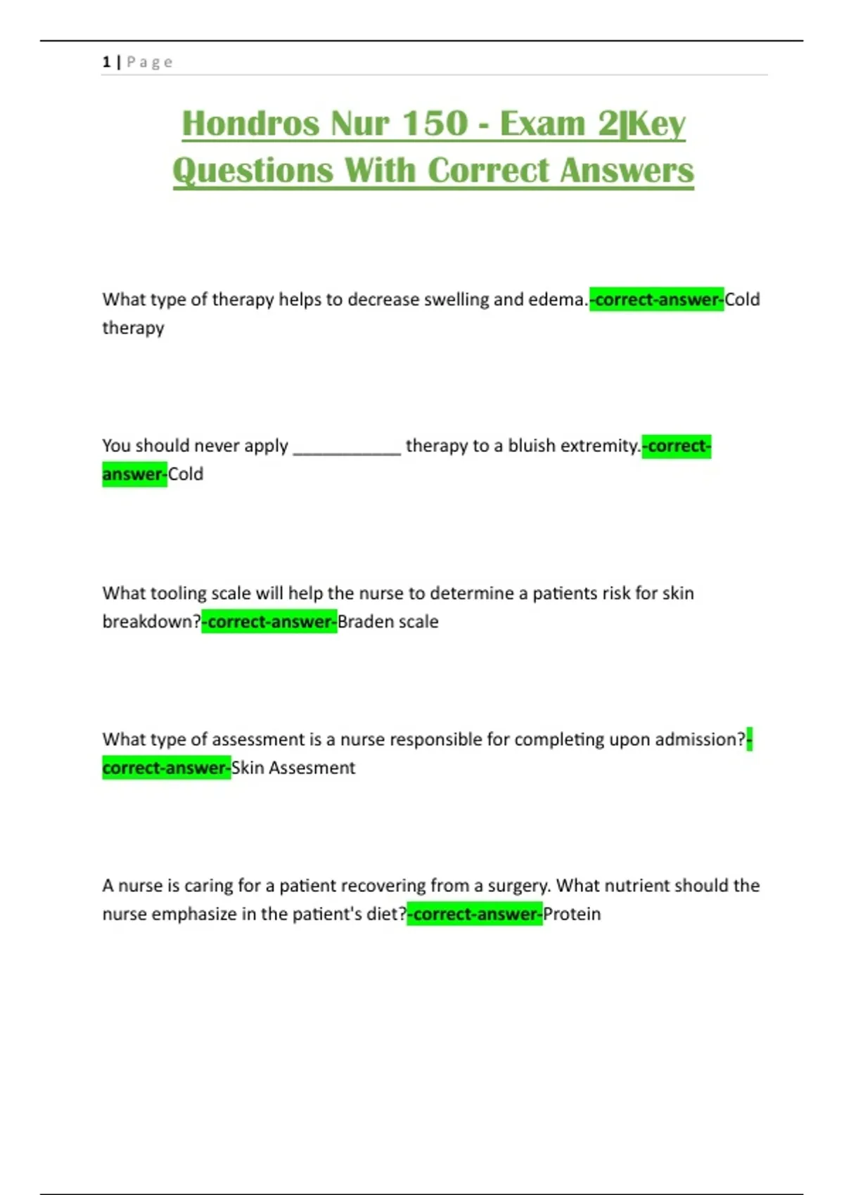 Hondros Nur 150 - Exam 2|Key Questions With Correct Answers - Hondros ...
