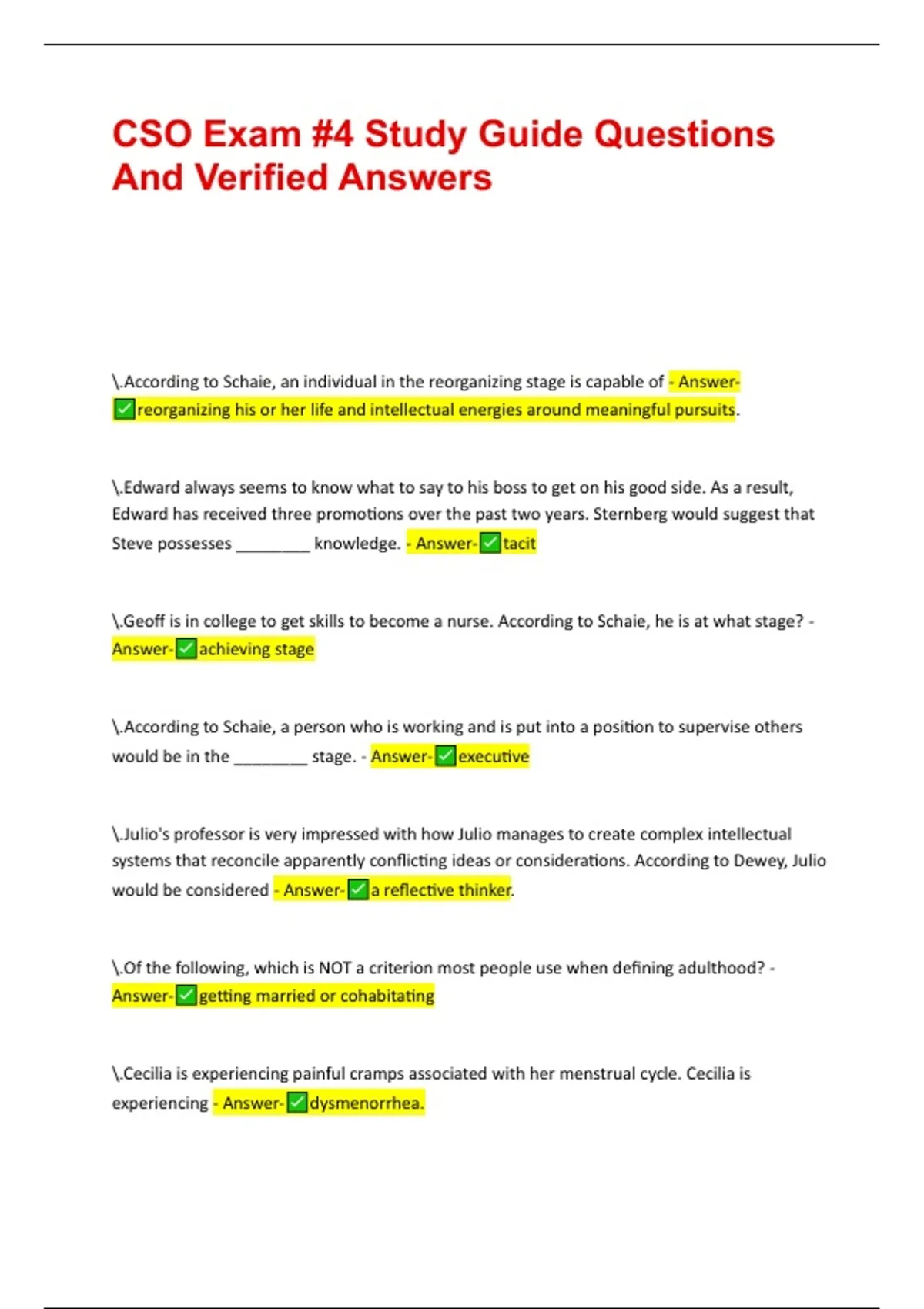 CSO Exam #4 Study Guide Questions And Verified Answers - Cso ex - Stuvia US