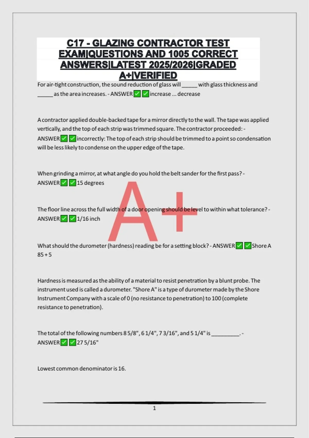 C17 - GLAZING CONTRACTOR TEST EXAM|QUESTIONS AND 1005 CORRECT ANSWERS ...