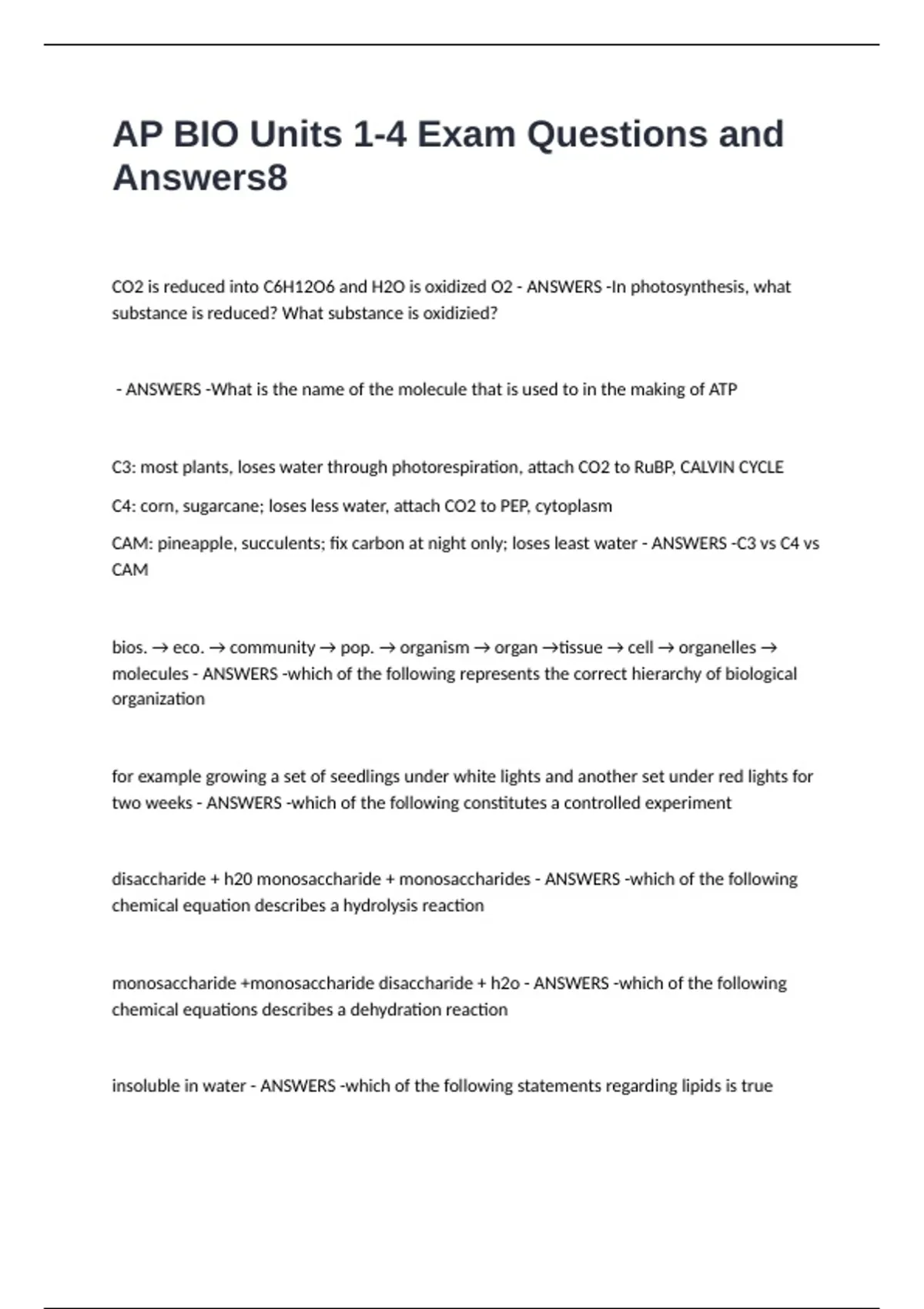 AP BIO Units 1-4 Exam Questions and Answers - AP BIO Units 1-4 - Stuvia US