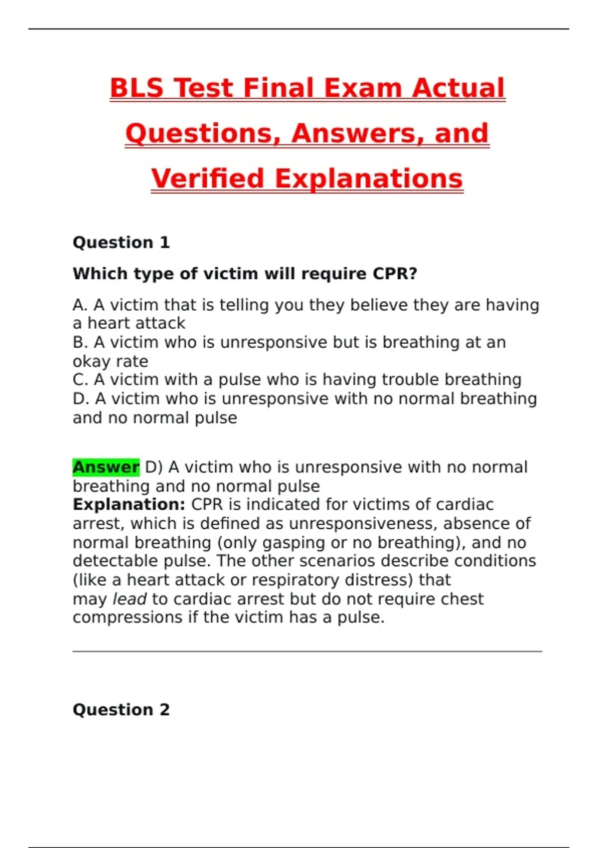 BLS Test Final Exam (Latest 2025 / 2026 Update) Questions and Verified ...