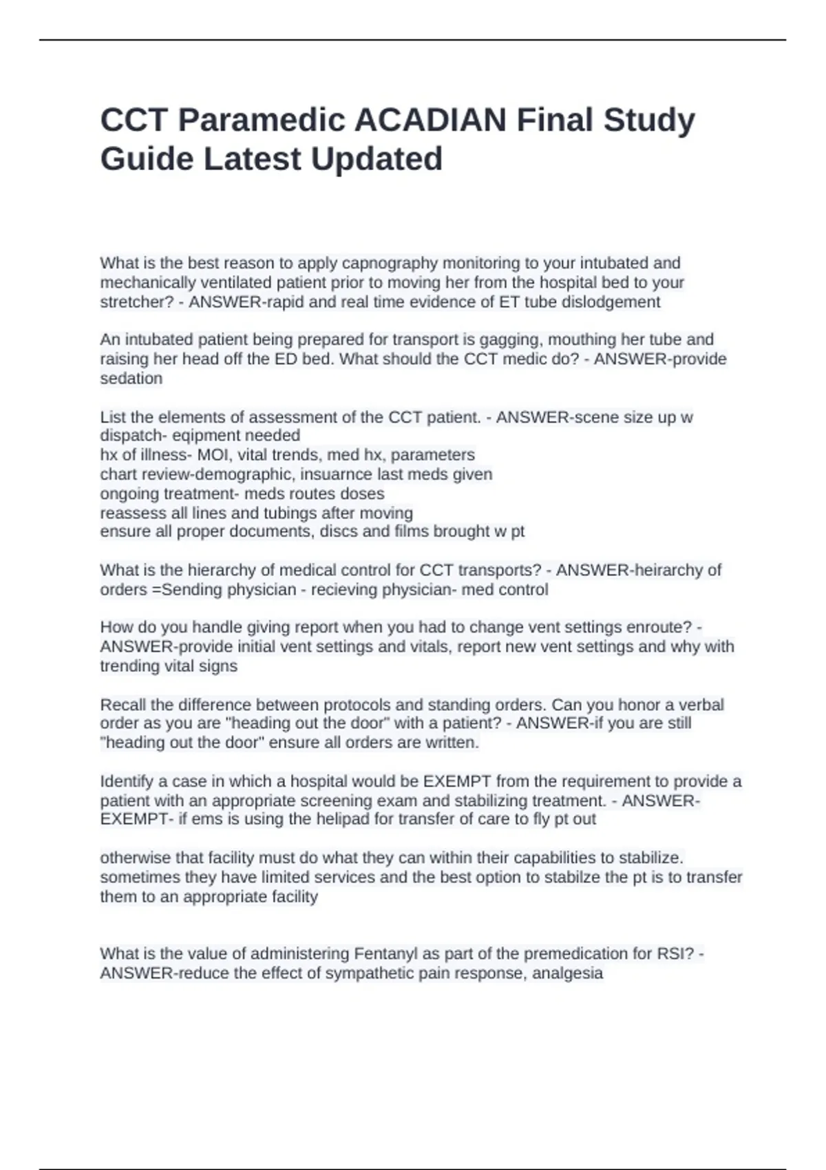 CCT Paramedic ACADIAN Final Study Guide Latest Updated - CCT - Stuvia US