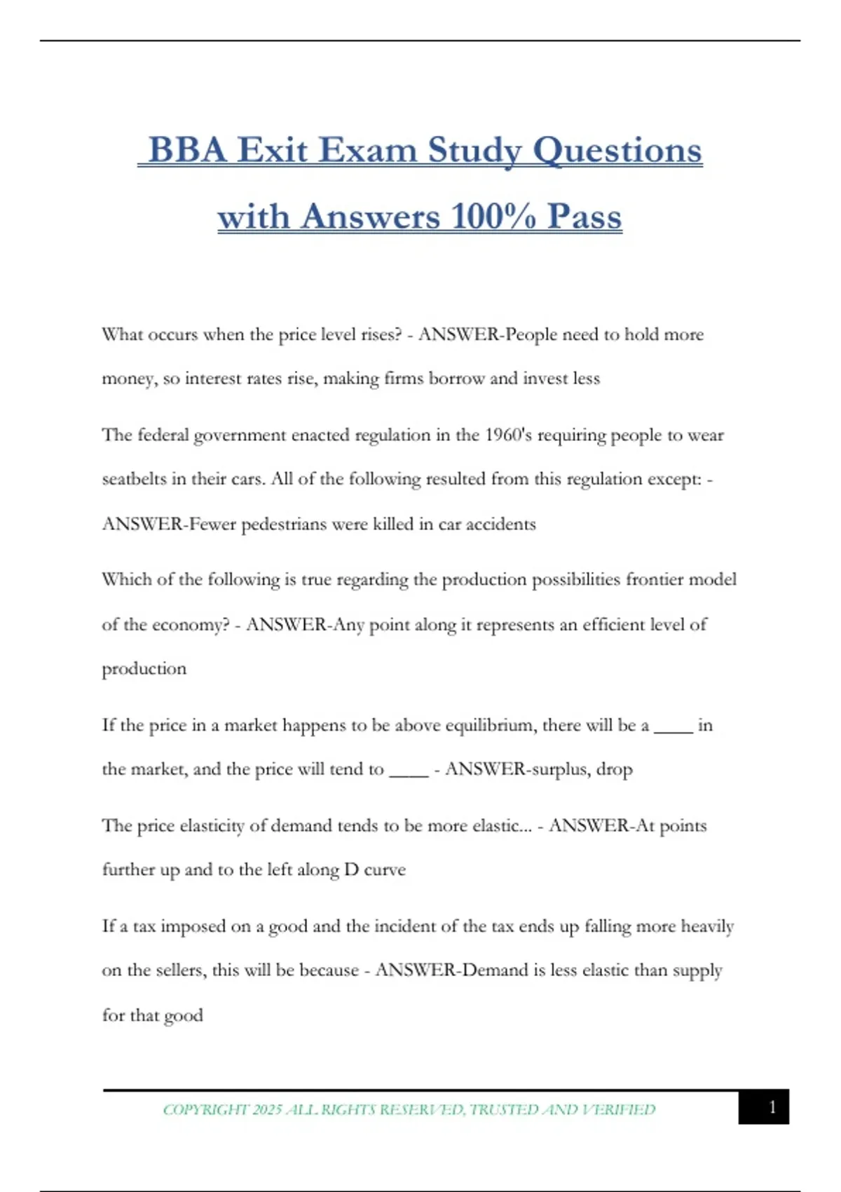 BBA Exit Exam Study Questions with Answers 100% Pass - BBA - Stuvia US