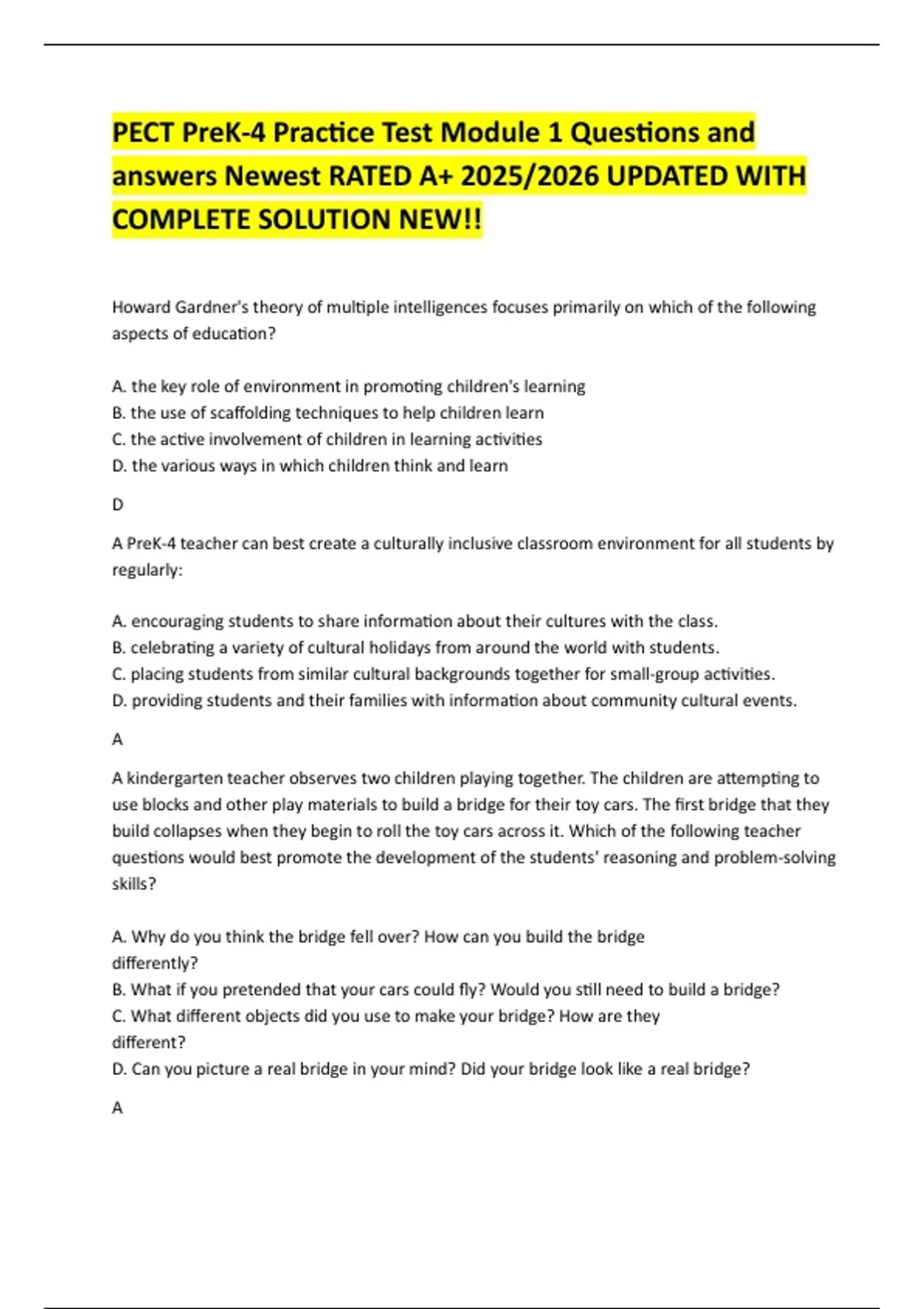 PECT PreK-4 Practice Test Module 1 Questions and answers Newest RATED ...