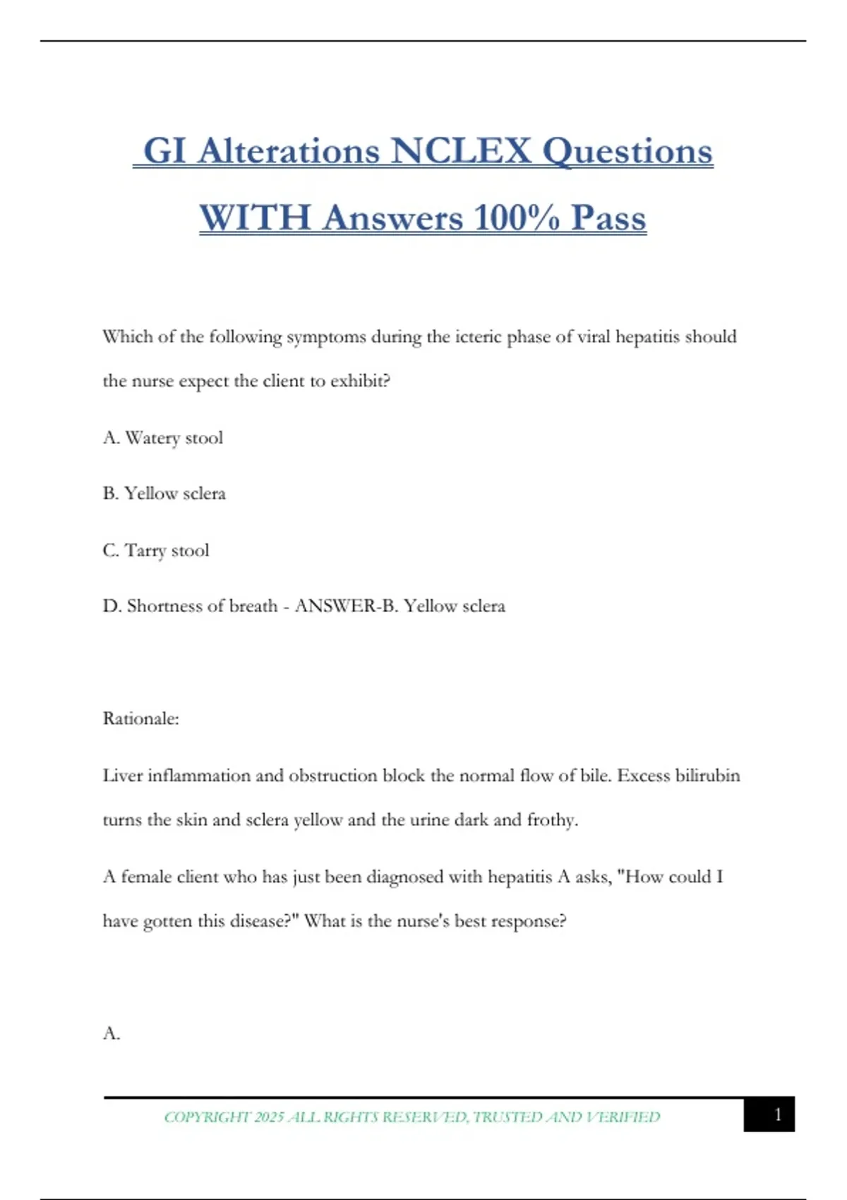 GI Alterations NCLEX Questions WITH Answers 100% Pass - 2026 Tests ...