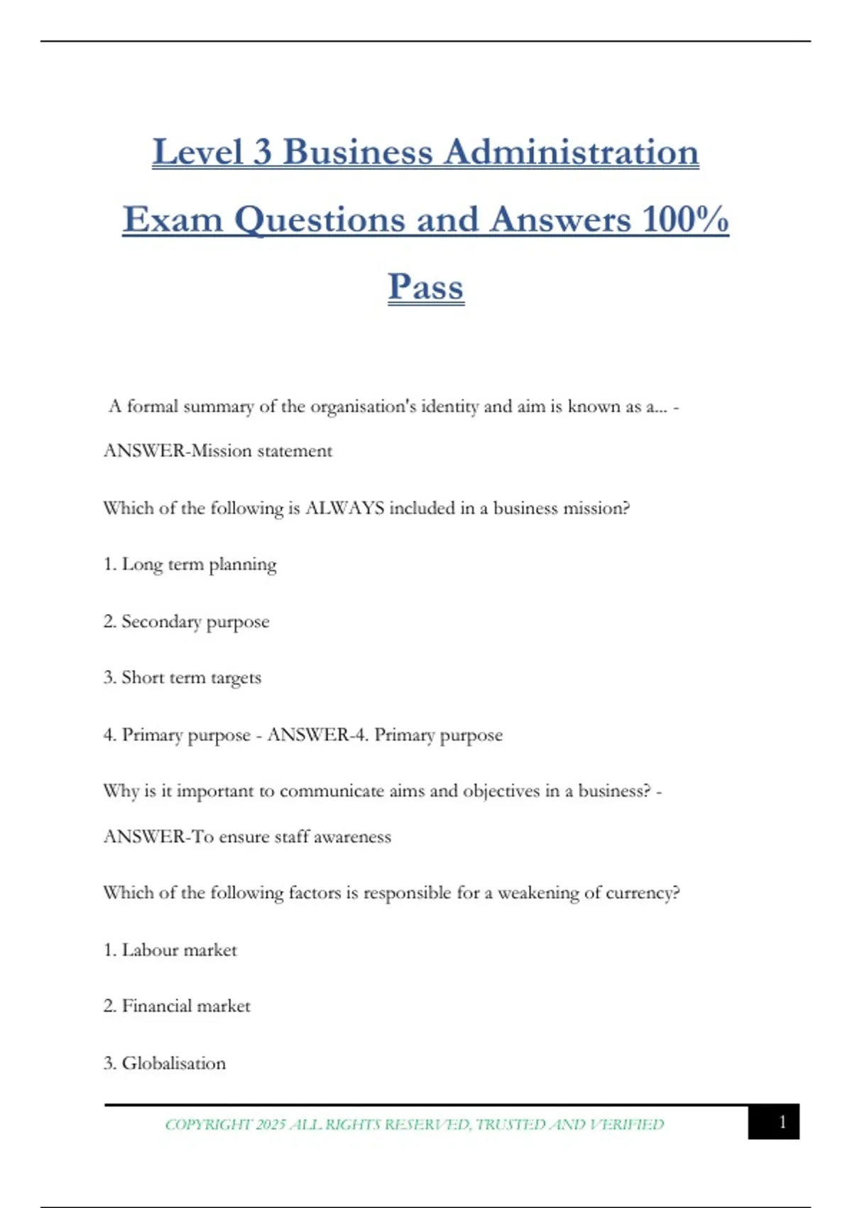 Level 3 Business Administration Exam Questions and Answers 100% Pass ...