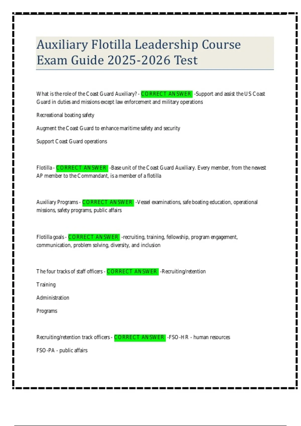 Cast Guard Study Guide Auxiliary Flotilla Leadership Course Exam Guide Test - U.S. Coast Guard ...