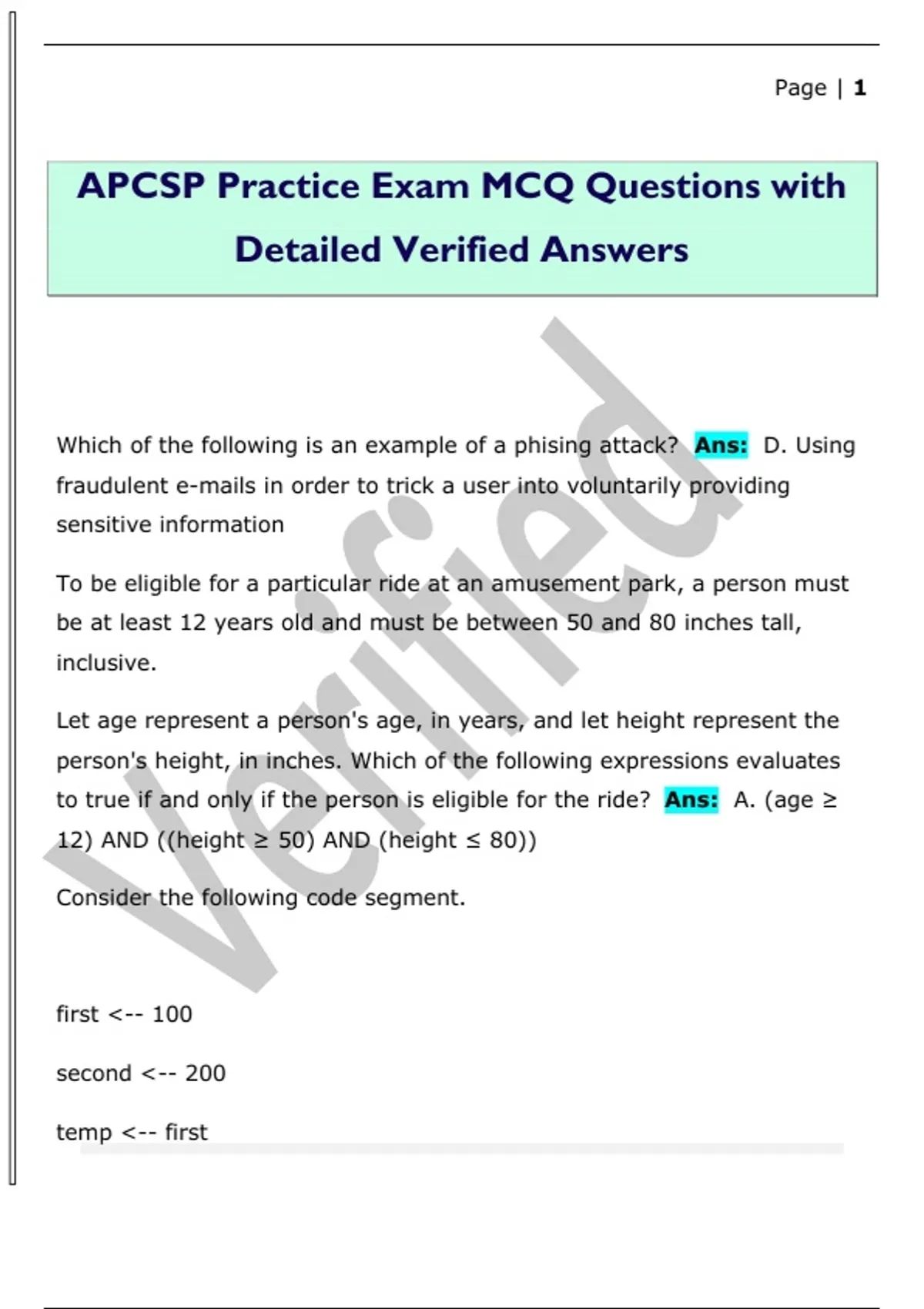 APCSP Practice Exam MCQ Questions with Detailed Verified Answers ...