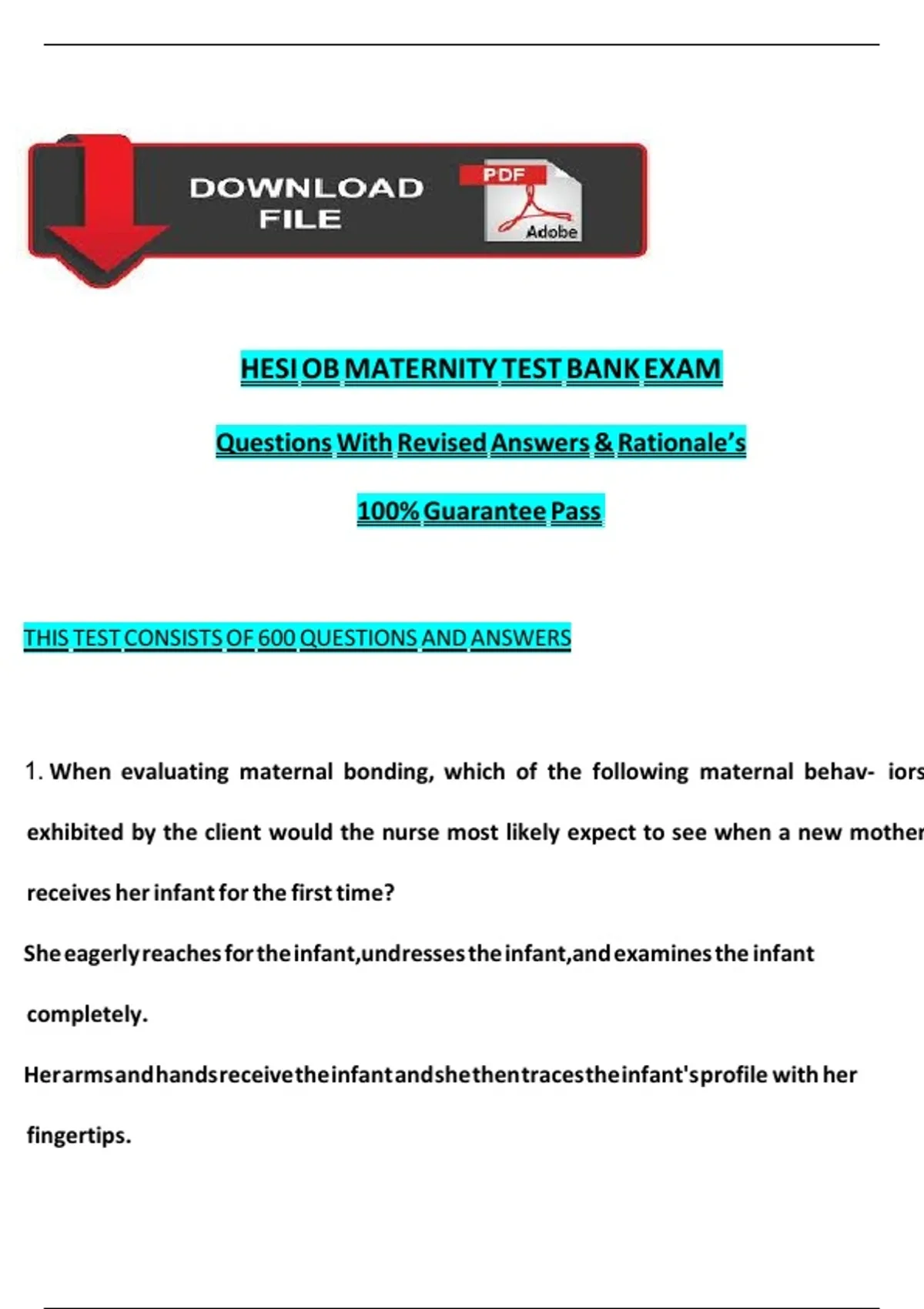 HESI OB MATERNITY TEST BANK EXAM Questions With Revised Answers ...
