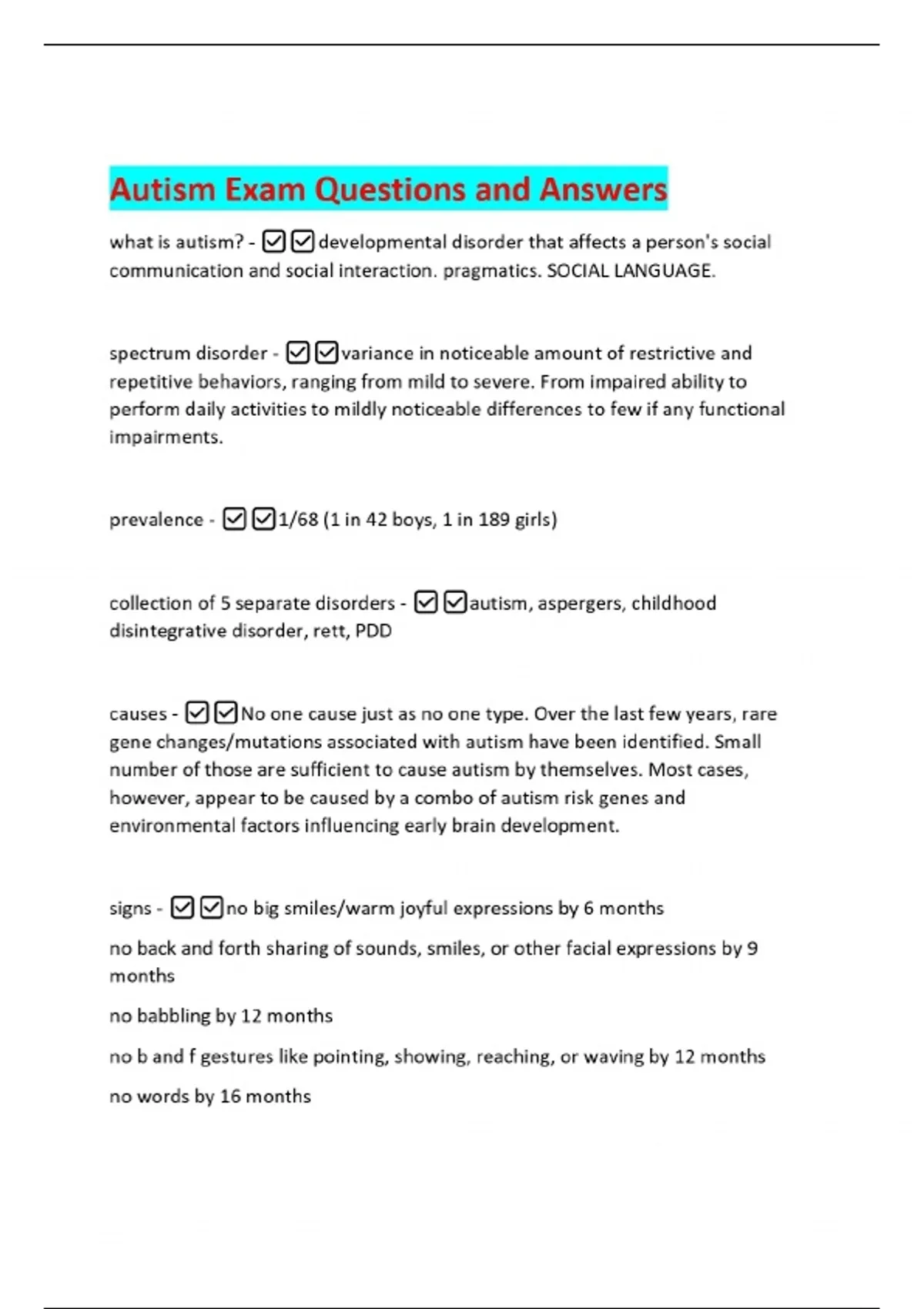 Autism Exam Questions and Answers what is autism? - developmental ...